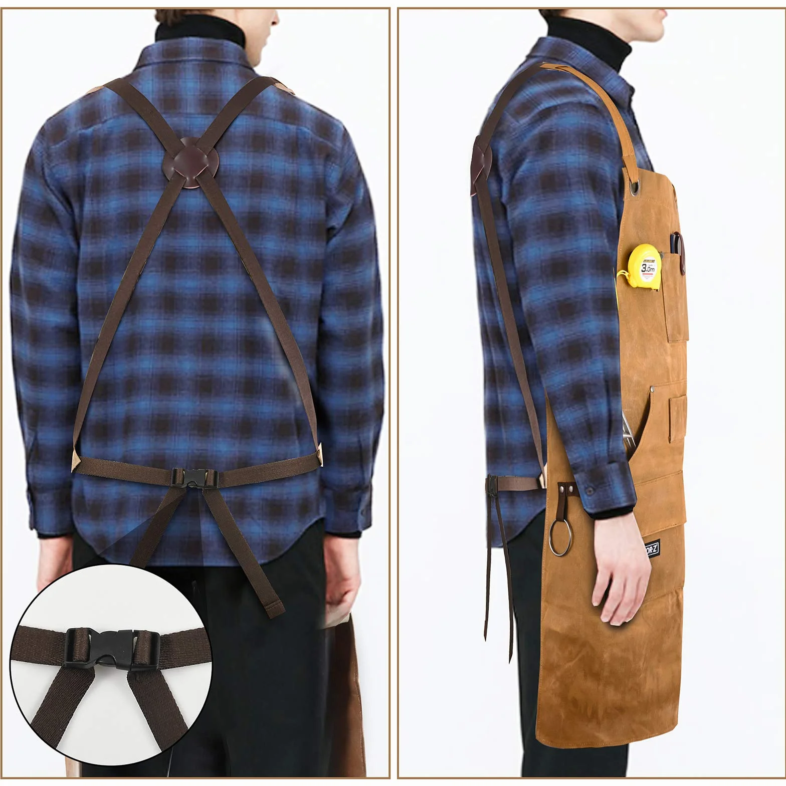 LEFOR·Z Grembiule da Lavoro,Grembiule Falegname,Grembiule da Falegname Uomo con Cinghie Incrociate Sul Retro,Dieci Tasche,Grembiule per Attrezzi In Tela Cerata,Regolabile da M a XXL,Marrone