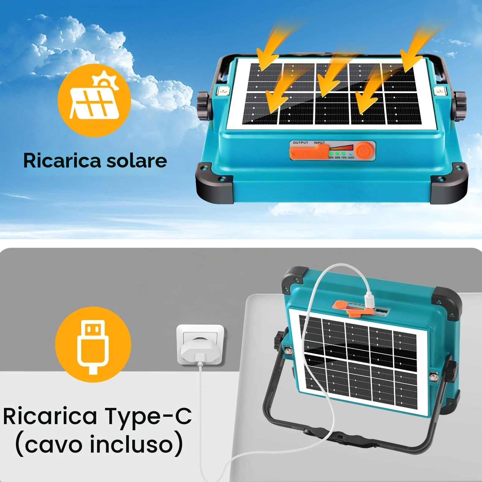 ERAY 100W Faro LED Ricaricabile Batteria da 12000mAh | 5 Modalità, 480 Perle LED, Pannello Solare, Faretto LED da Cantiere per Emergenza, Campeggio, Riparazione, Garage, Esterni