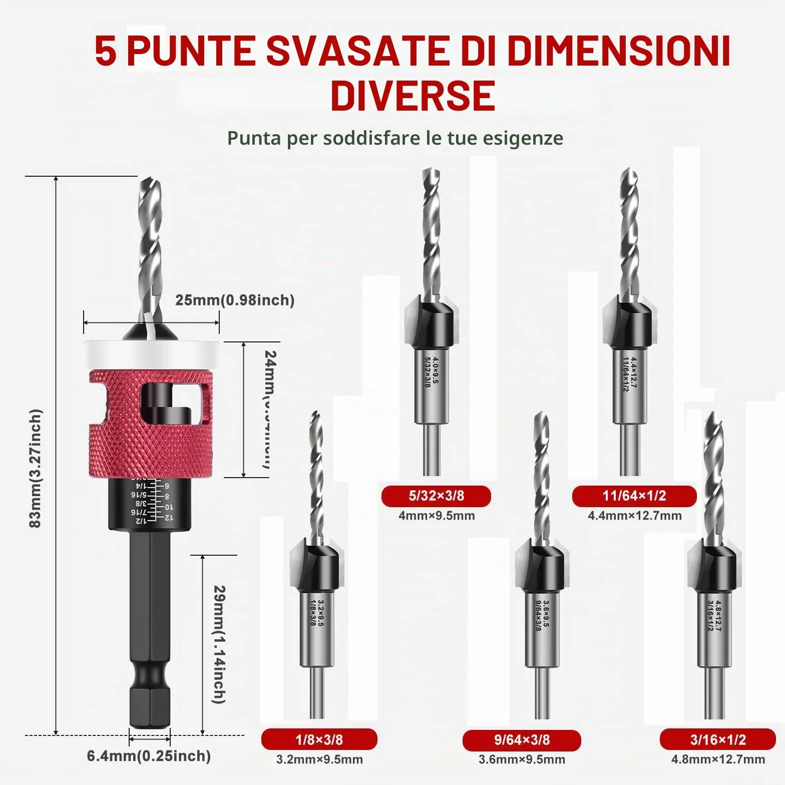 Set di 5 punte per trapano a svasatura per legno HSS-M2 attacco esagonale