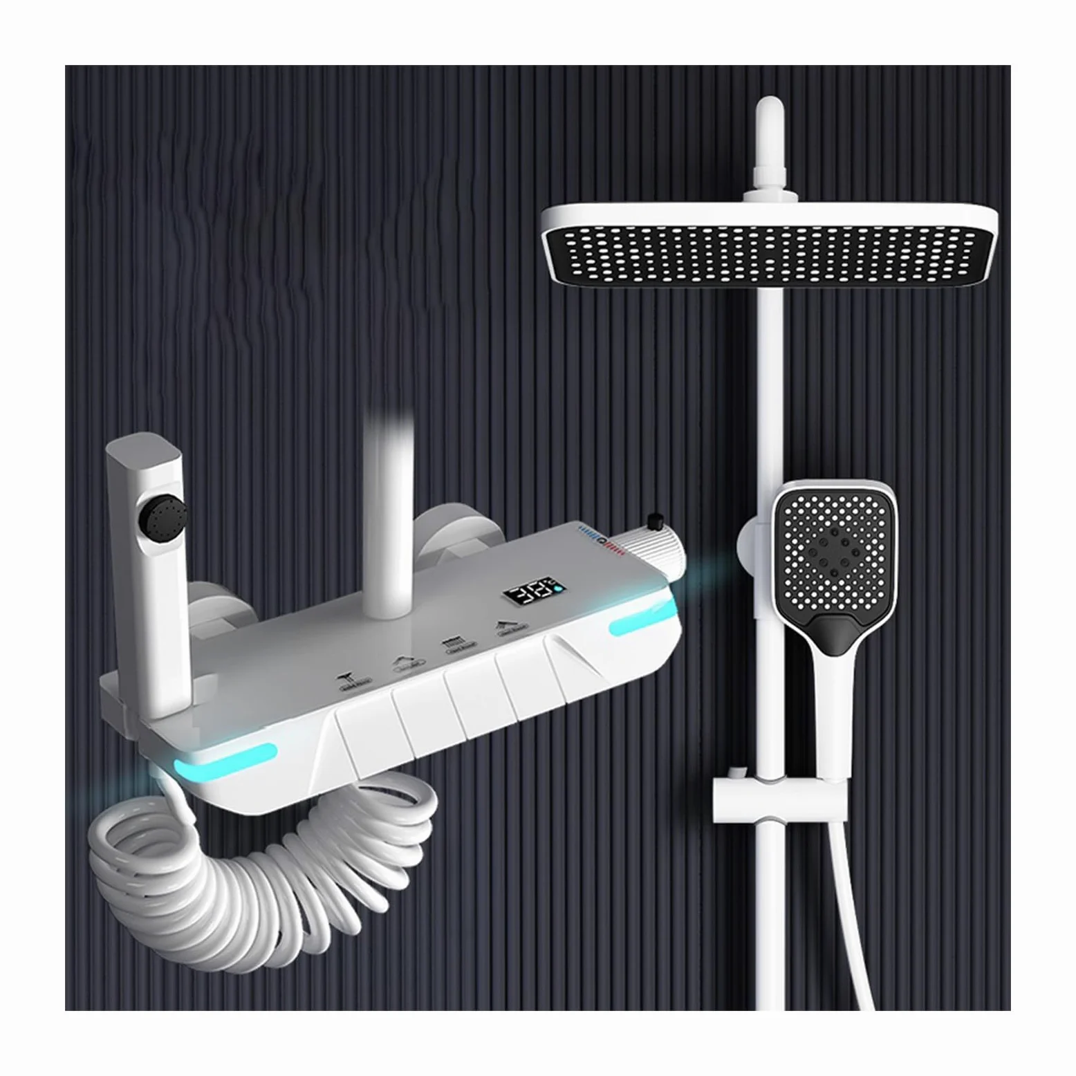 Set Doccia con Rubinetto termostatico e Display Digitale, Accessori a Vista con soffione, doccetta a 3 funzioni, beccuccio per Vasca, doccetta per Bidet, Bianco (Bianco A)