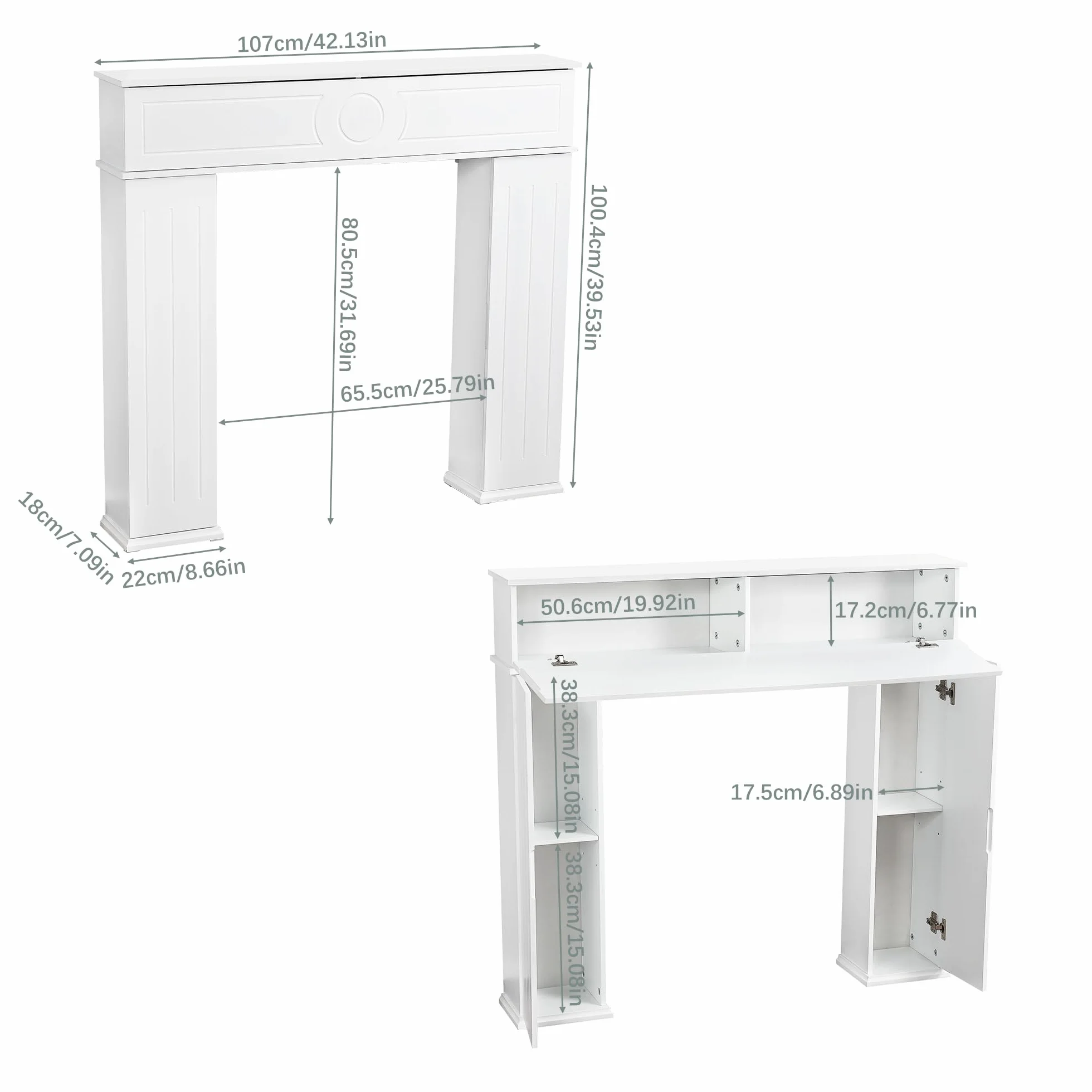 Cornice decorativa per camino in legno 3 porte con vano portaoggetti e scomparto segreto