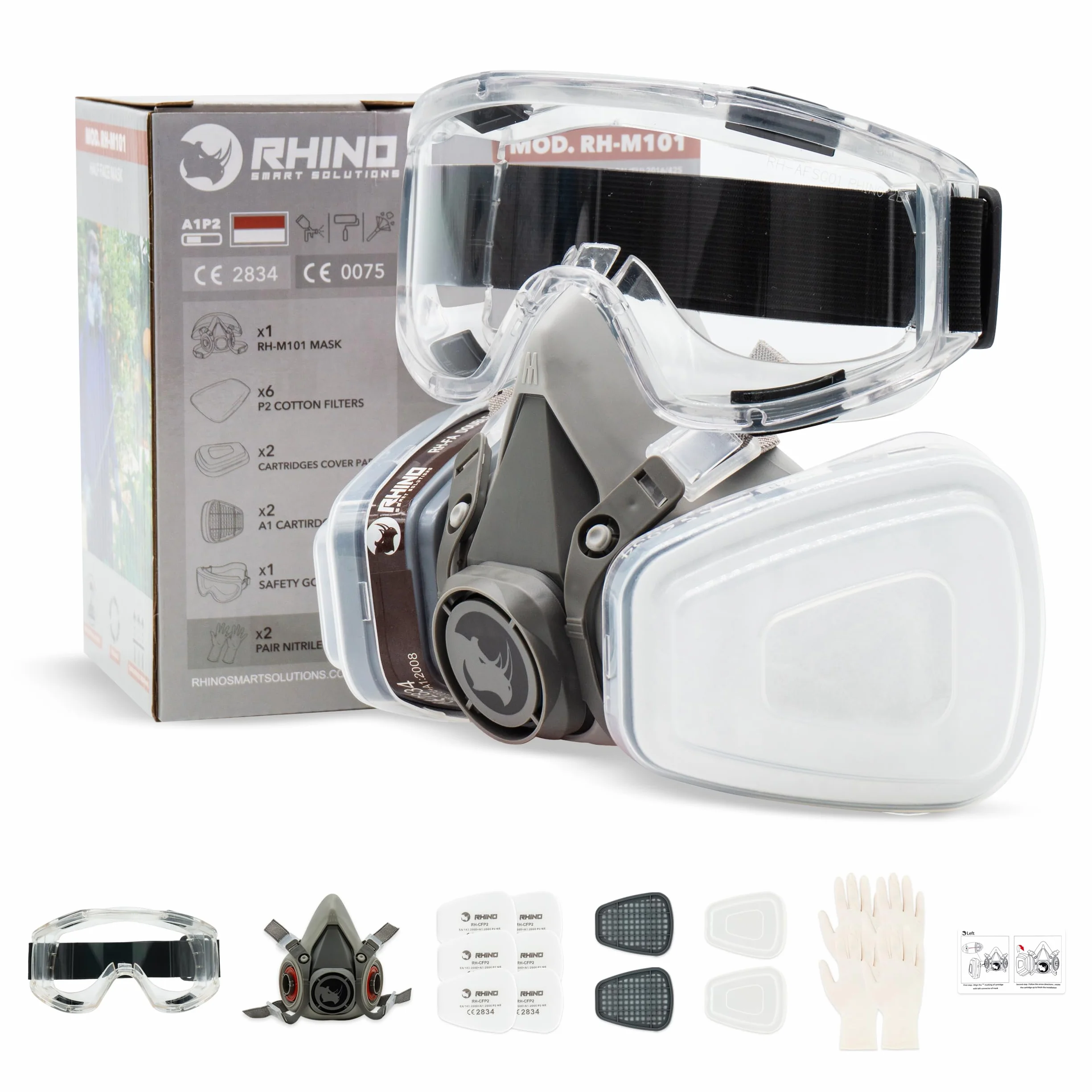RHINO Smart Solutions Maschera Antigas A1 con Filtri, Occhiali, Guanti di Sicurezza Antipolvere Verniciatura
