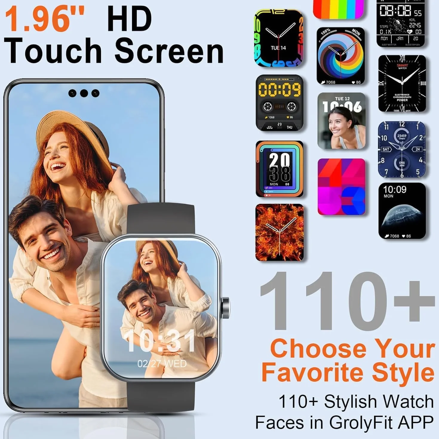 Smart Watch, Smartwatch da 1,9 pollici per uomo e donna (rispondere/effettuare chiamate), fitness tracker con oltre 100 modalità sportive, impermeabile IP68, cardiofrequenzimetro/monitoraggio del