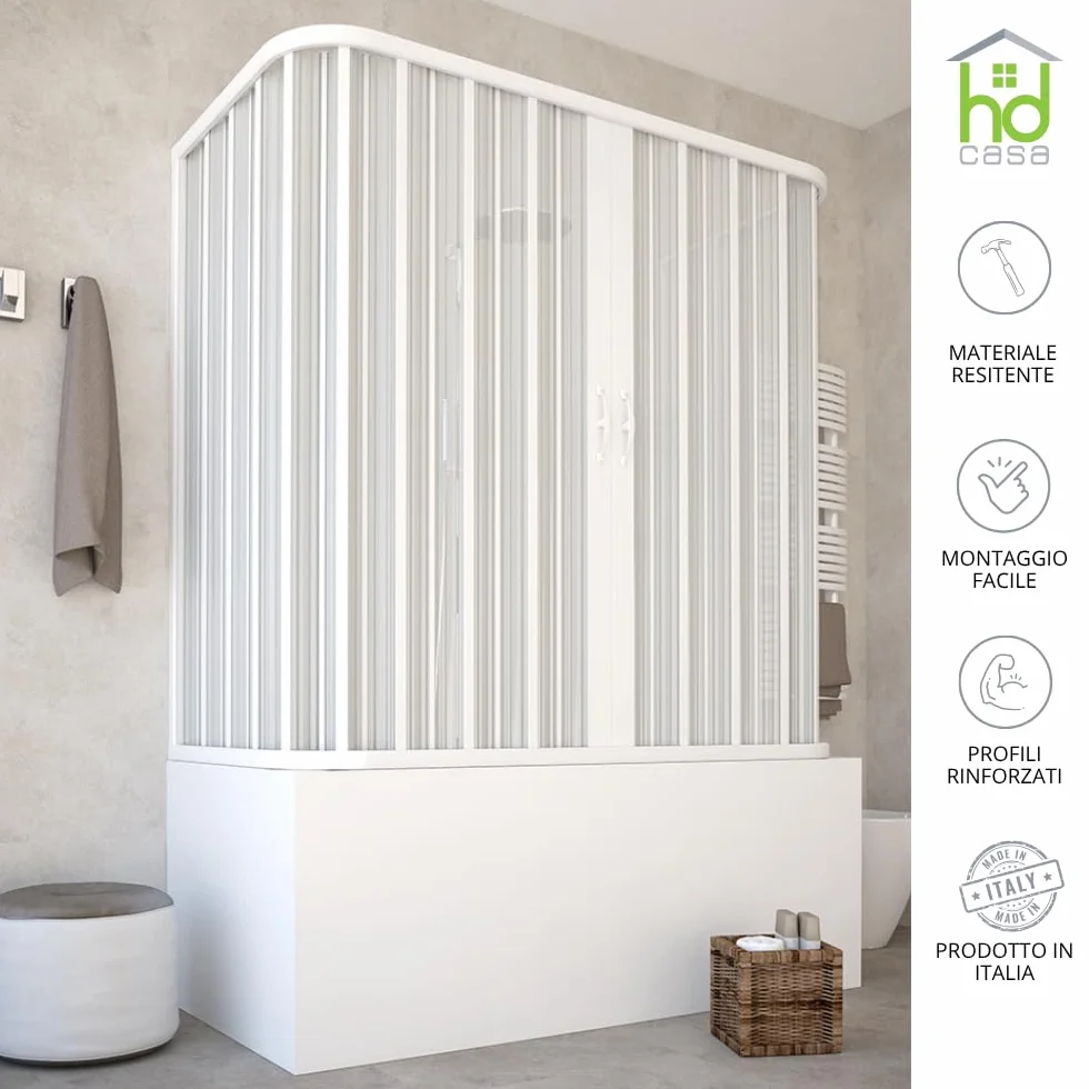 HD CASA Box Sopravasca a Soffietto 3 Ante Pannelli Semitrasparenti Profili Bianchi Cabina Doccia Salvaspazio PVC Made in Italy 70x170x70 cm