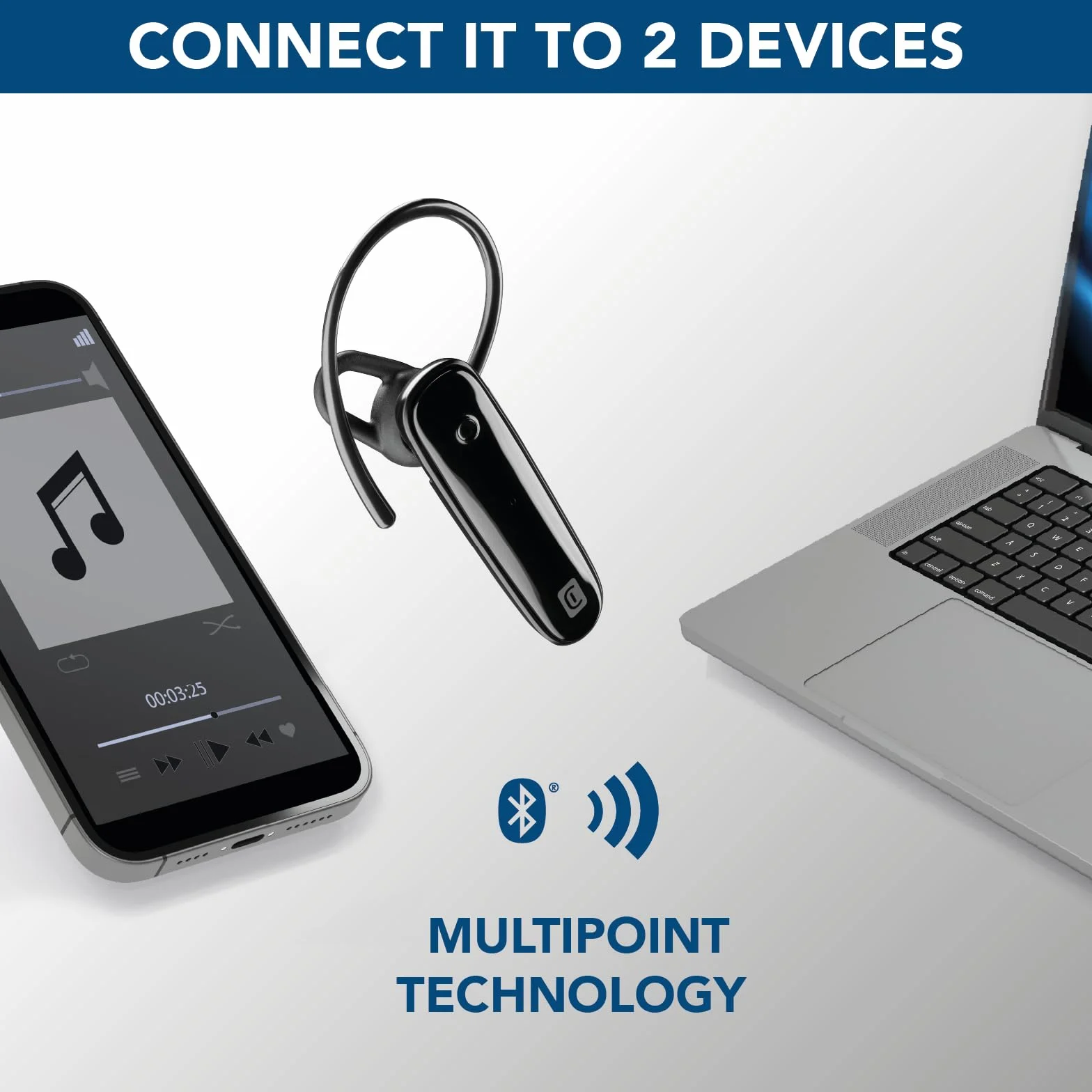 cellularline | SCORE | Auricolare Bluetooth® Mono Ergonomico con Archetto Removibile - Play time 4 ore - Nero