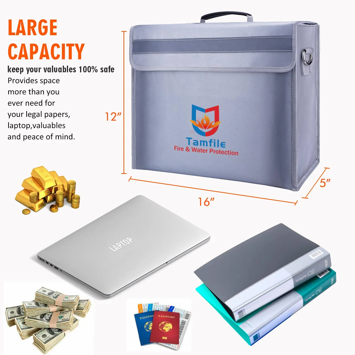 Borsa portadocumenti ignifuga, grande capacità, 40.6 x 30.5 x 12.7 cm, custodia impermeabile con cerniera in fibra di vetro rivestita in silicone ignifugo, denaro, gioielli