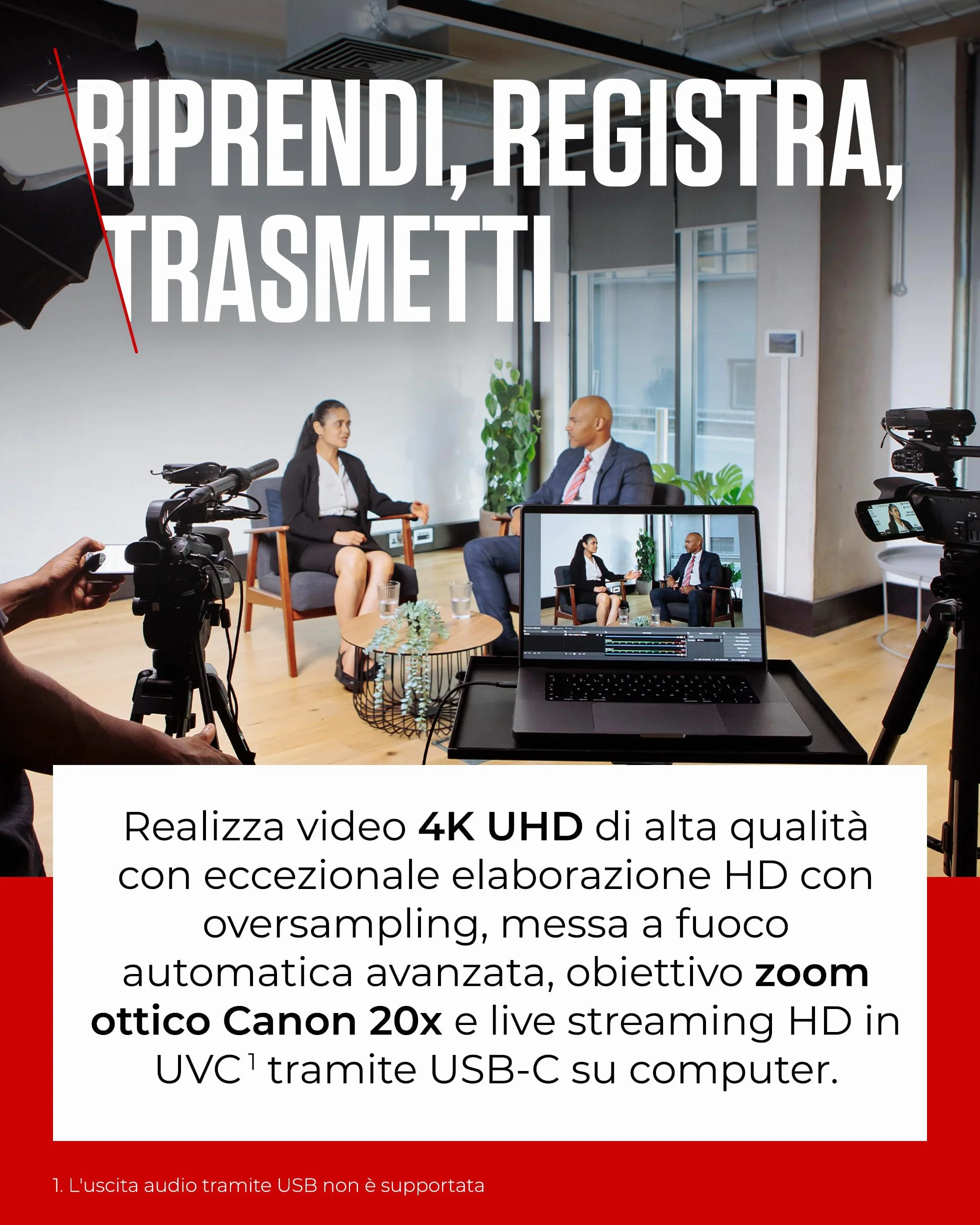 Canon XA60 - Videocamera 4K Professionale con Messa a Fuoco Automatica, Zoom Ottico 20x, Stabilizzazione a 5 Assi, Uscita HDMI e Streaming Live HD via USB-C