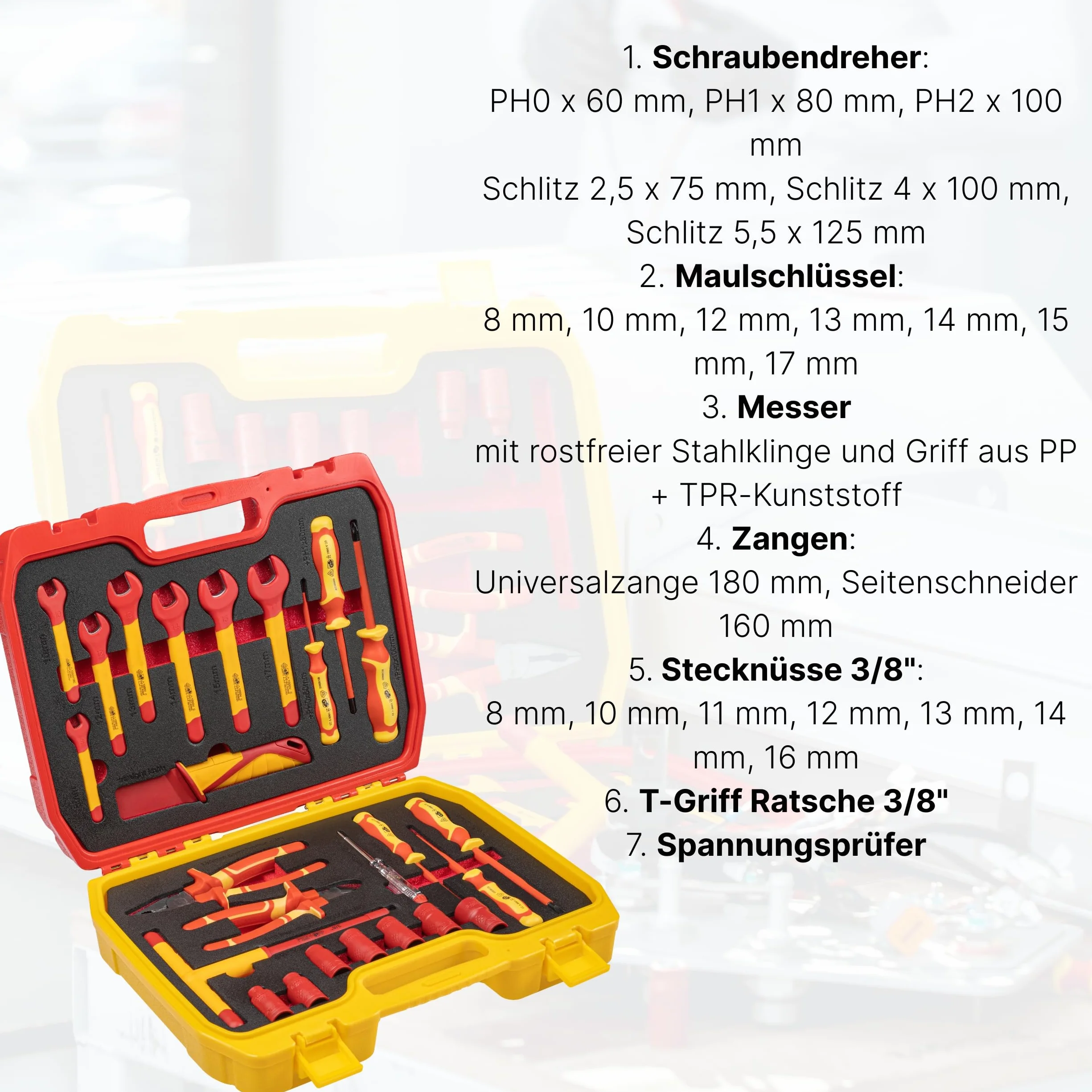 HÖGERT TECHNIK Set 25 narzędzi elektryka izolowanych 1000 V, śrubokręty płaskie i krzyżowe, szczypce, próbnik napięcia, walizka plastikowa