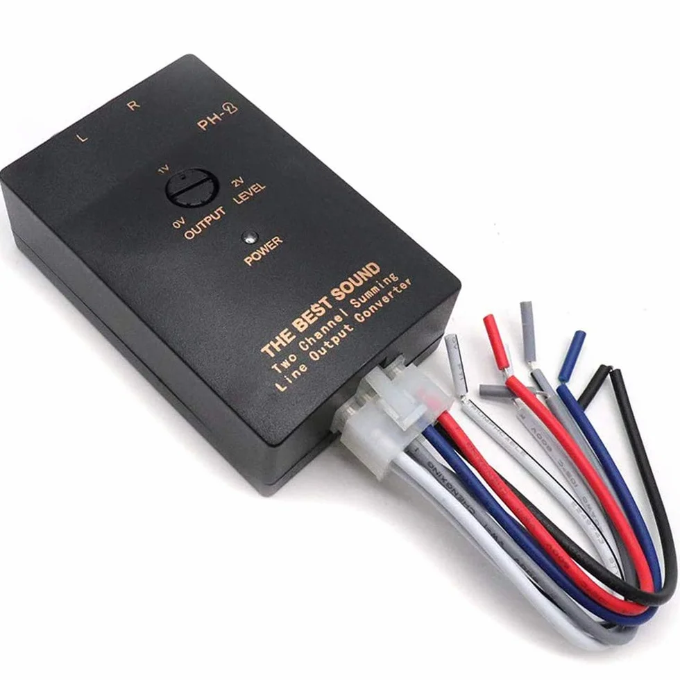 Greluma 1 Pezzi Car RCA Audio Convertitore di Uscita di Linea da Alto a Basso a 2 Canali con Livello Subwoofer Regolabile per Amplificatore per Auto