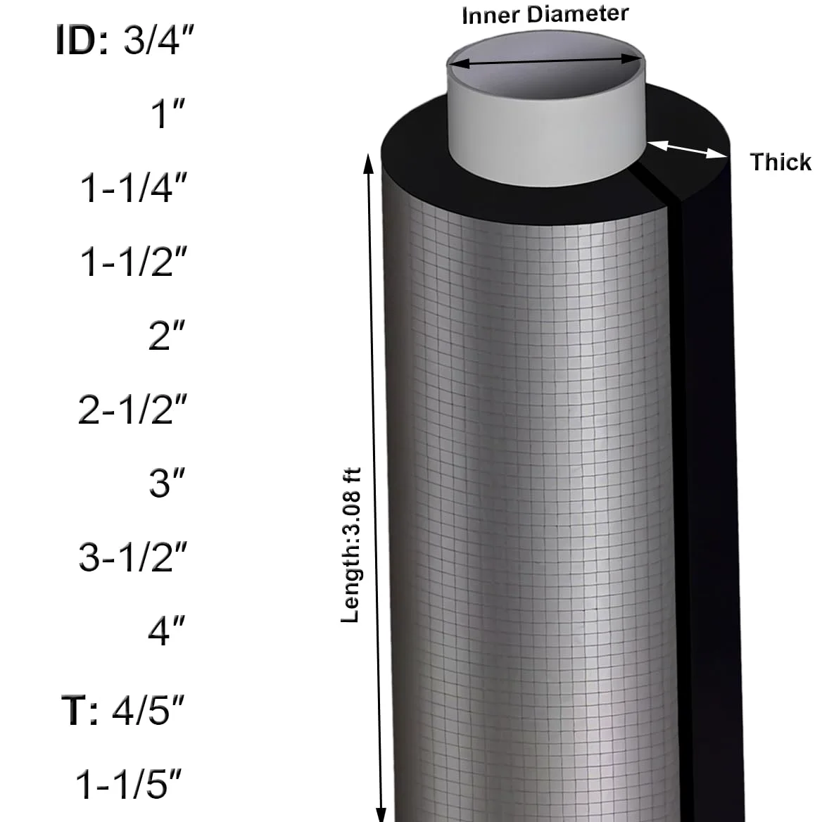 Tubo flessibile in schiuma isolante per tubi da 1,9 cm a 10,2 cm ID, involucro autoadesivo in alluminio, 1 confezione (ID 1-1/2 ″xT 1-1/5 ″)