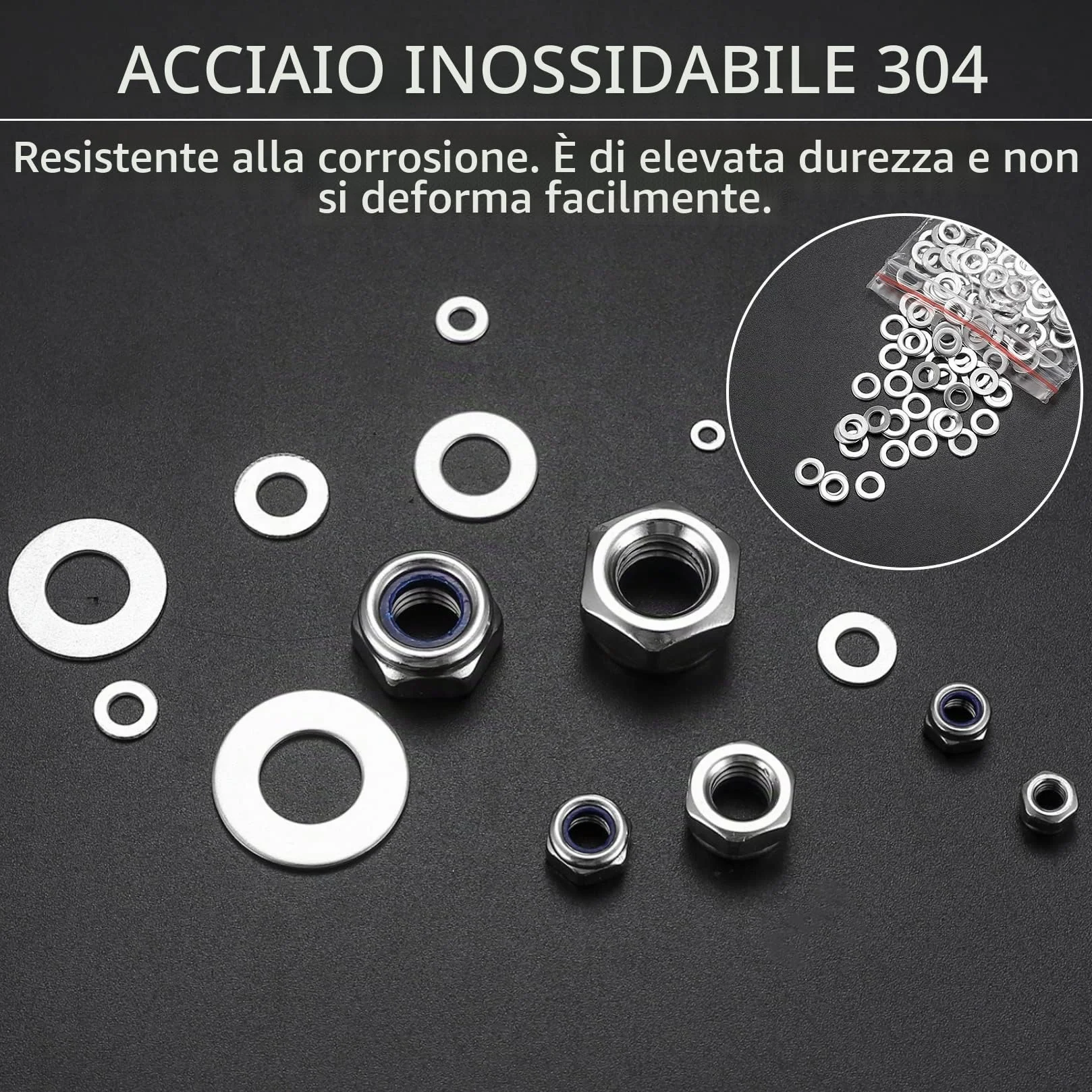 Dadi Esagonali di Bloccaggio con Rondelle Piatte Set, Acciaio Inox M2.5-M12