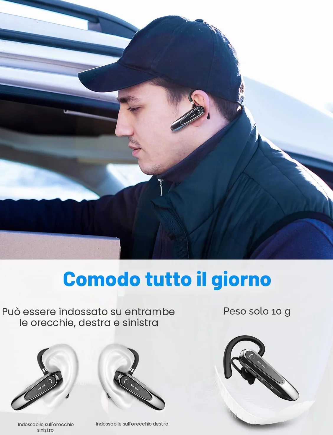 New Bee Auricolare Bluetooth Singolo con Doppio Microfono V5.0 Auricolari Bluetooth con 20 Ore Di conversazione, Microfono Muto, Connessione a due Dispositivi per iPhone, Android e Laptop