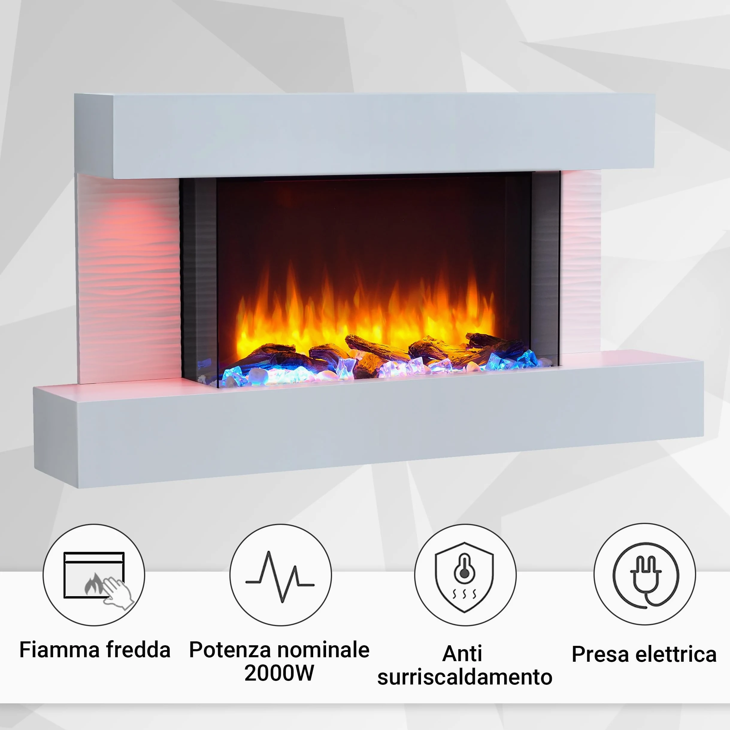 BALDERIA Camino Elettrico Aieda | Caminetto da Parete con Effetto Fiamma 3D | Riscaldamento 2000 W | Focolare Sospeso con Telecomando, Timer, Termostato | Grigio
