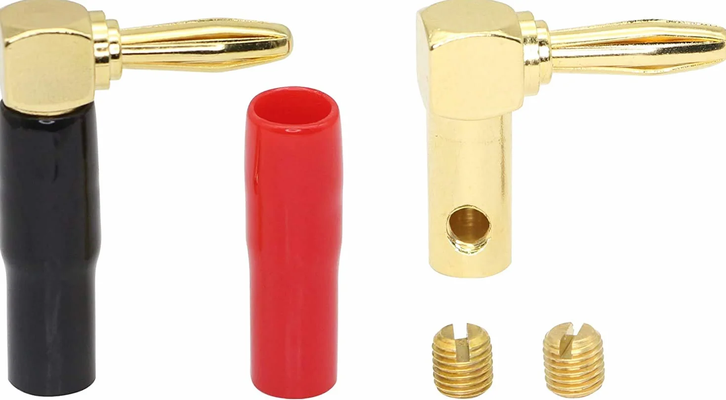RUNCCI-YUN 10Pcs 90 gradi Banana spine,connettori a banana a forma di L, 24 K placcato oro 4 mm connettore altoparlante per cavo altoparlante, ricevitori audio/video, amplificatori (rosso e nero)