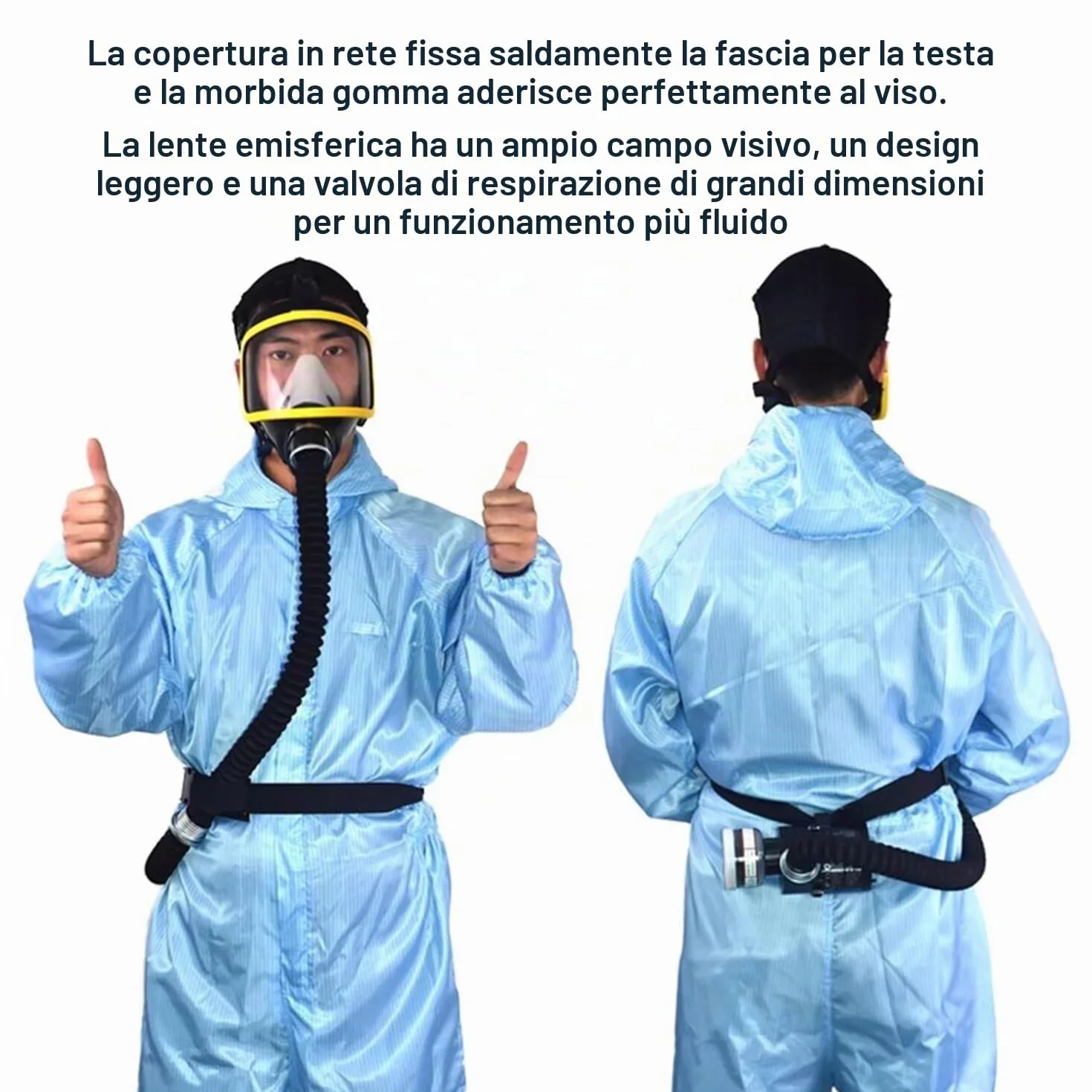 Respiratore a faccia piena per pesticidi con filtro chimico, silicone, saldatura, vernice - Sistema elettrico di alimentazione aria a flusso costante