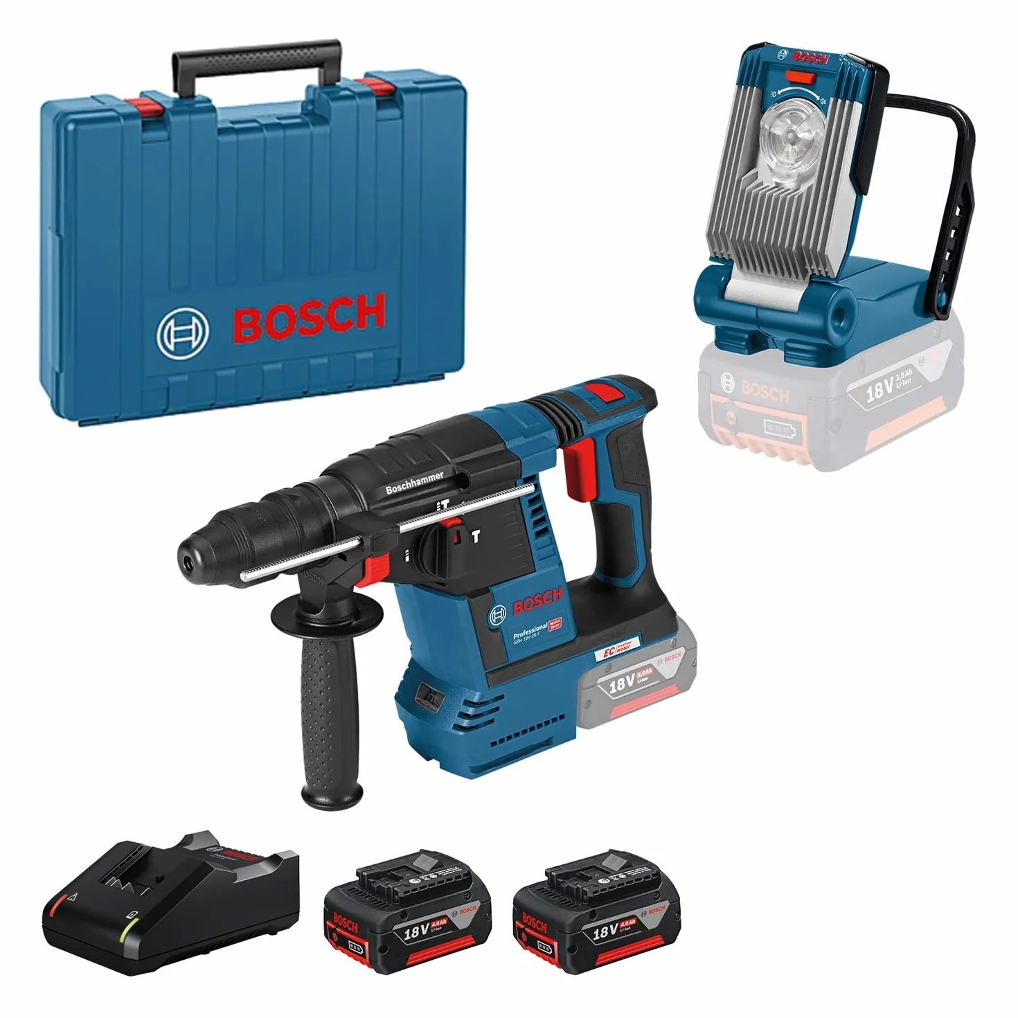 Bosch Professional GBH 18V-26 F Martello perforatore a batteria 18V con lampada GLI VariLED, 2x 4.0Ah, GAL 18V-40, set Amazon Exclusive