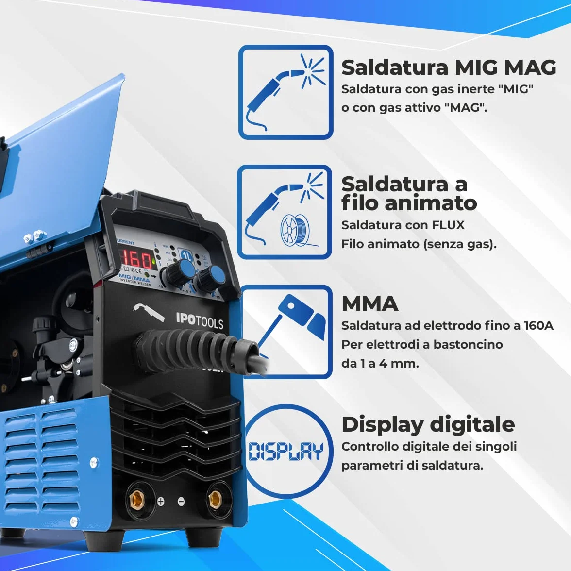 IPOTOOLS MIG-160ER Saldatrice MIG MAG 160A 230V IGBT 3 in 1 MMA Flux