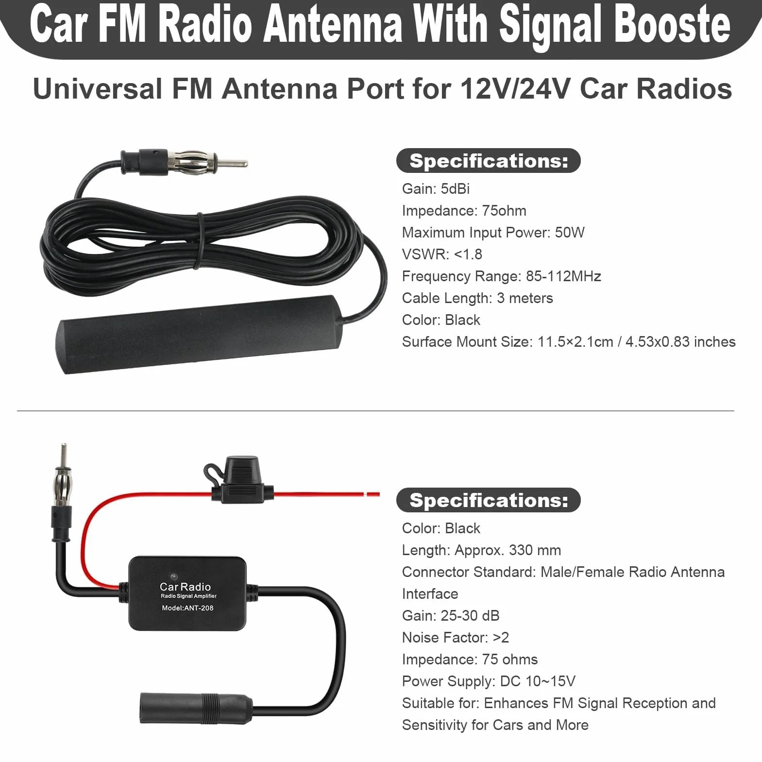 12V Amplificatore di Segnale Autoradio, Amplificatore Antenna per Auto FM, Segnale Radio Booster Universale, Segnale Autoradio Per Veicolo Camion Auto Radio