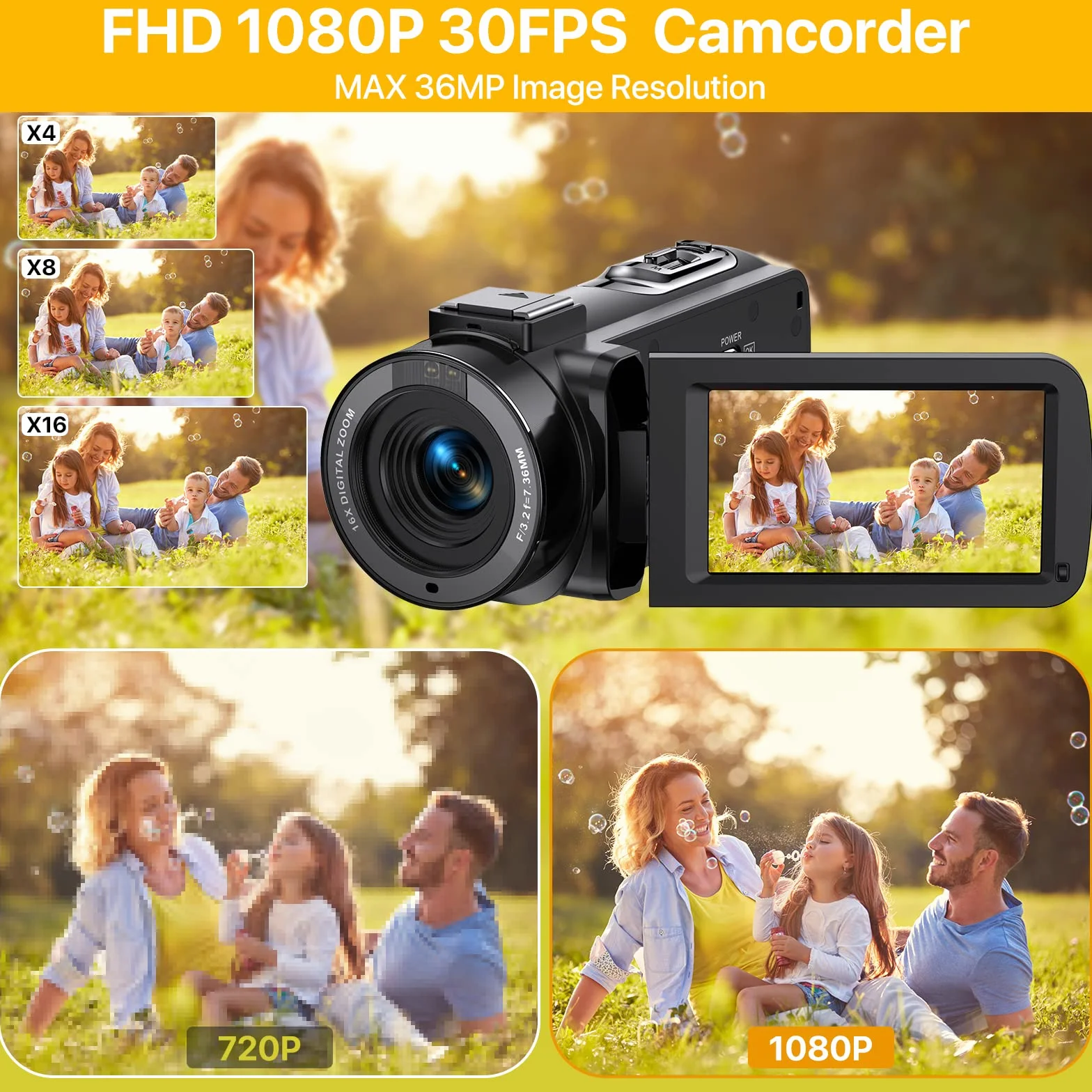 Videocamera Digitale FHD 1080P Camcorder 30FPS Vlogging Camera per Youtube 16X Zoom Digitale e IR Visione Notturna 3.0" IPS Schermo Videocamera Camcorder con 2 Batterie e Telecomando