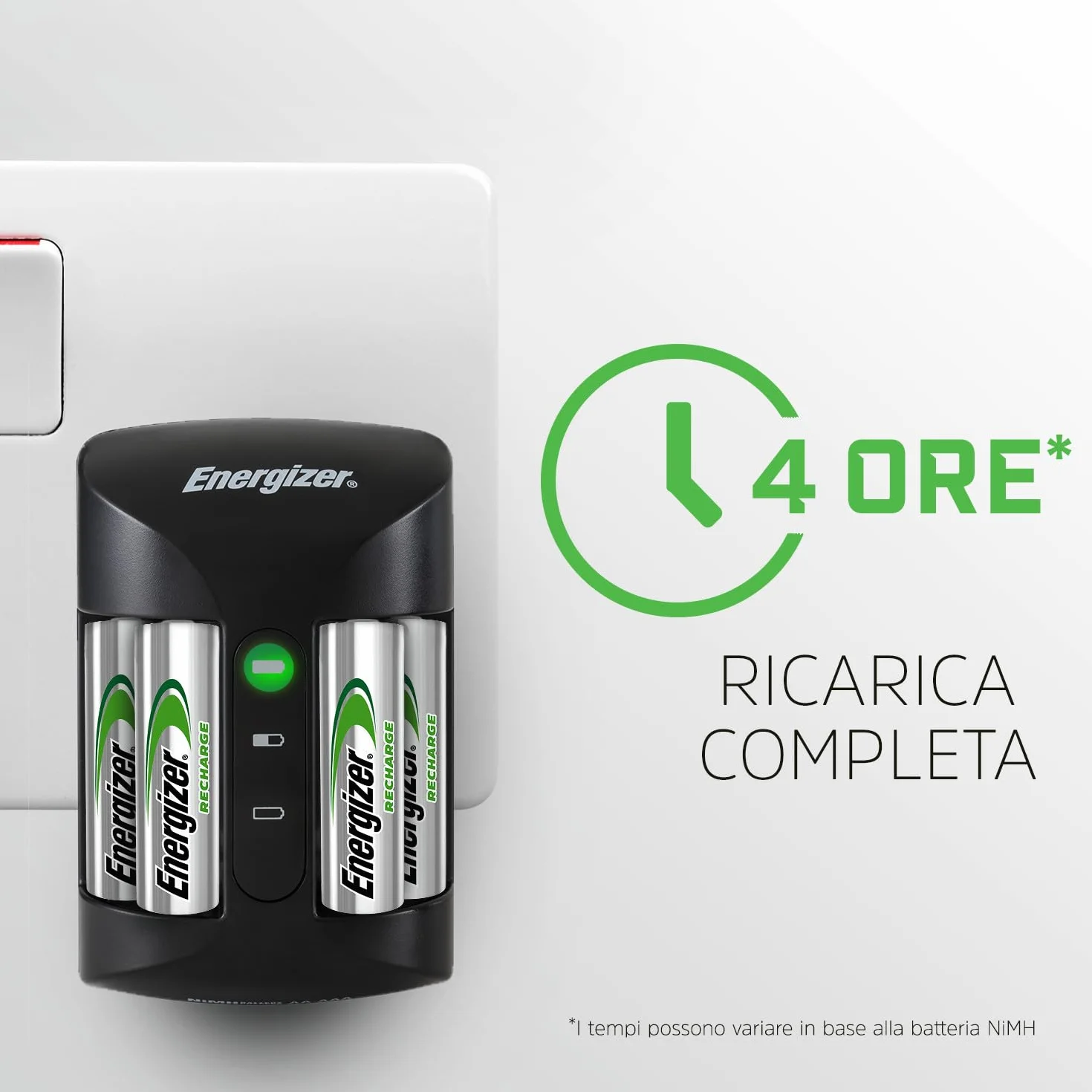 Energizer Pro - Carica Batterie Ricaricabili AA e AAA NiMH - Include 4 Pile AA 2000 mAh - la ricarica completa in 4 ore - funzioni di spegnimento di sicurezza automatico