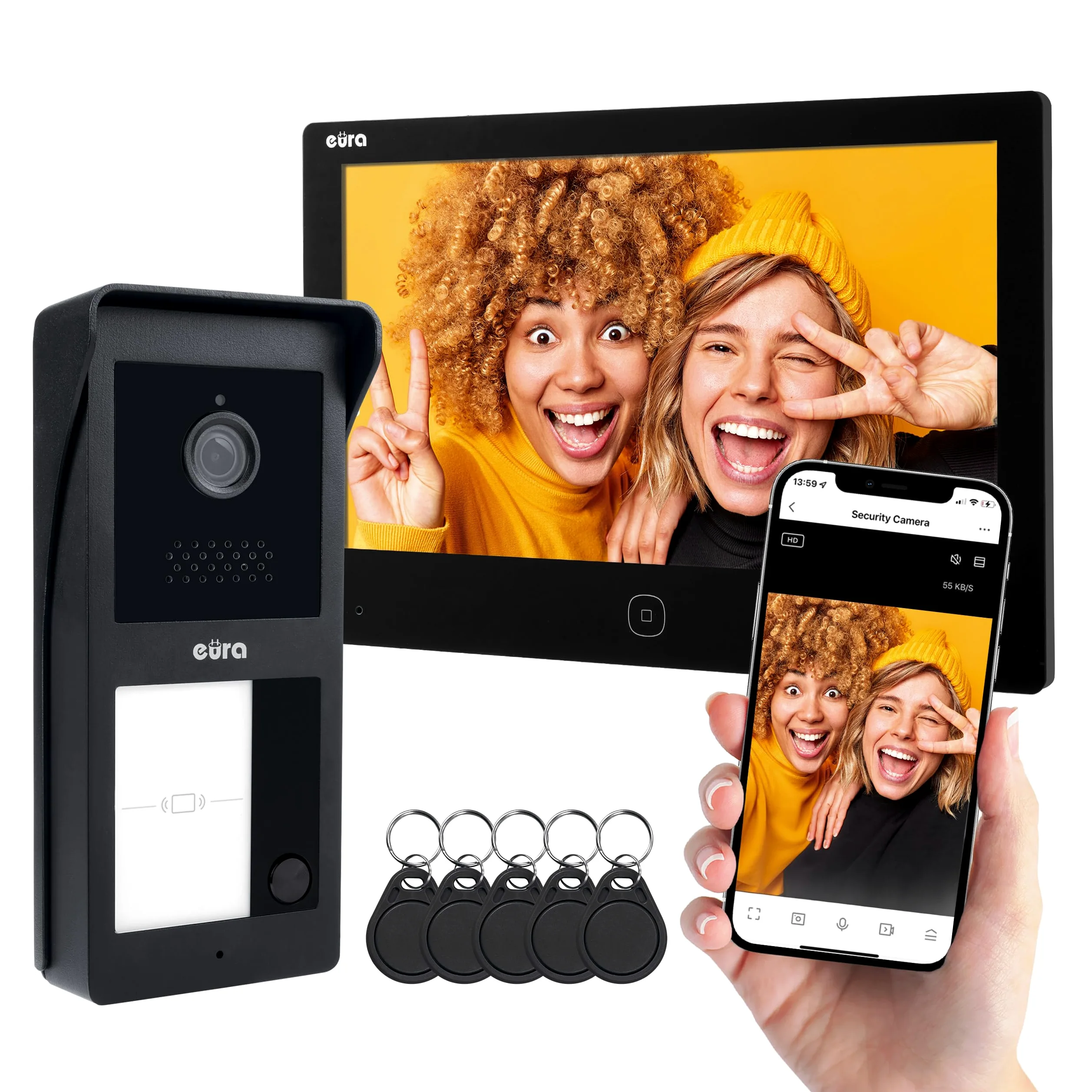 Eura VDP-45A3-2TY VDP-49A3-2TY TUYA Videocitofono WiFi, AHD, RFID, monitor a colori da 7 pollici, doppio filo, nero