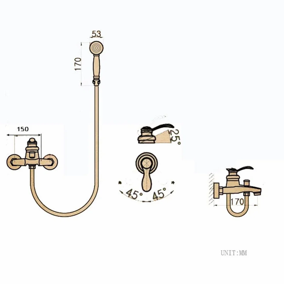 HomeLava Rubinetto per Vasca da Bagno con Doccetta, Antico Rubinetto per Vasca in Ottone Inclusa Doccetta, con Supporto da Parete e Tubo Doccia da 150 cm