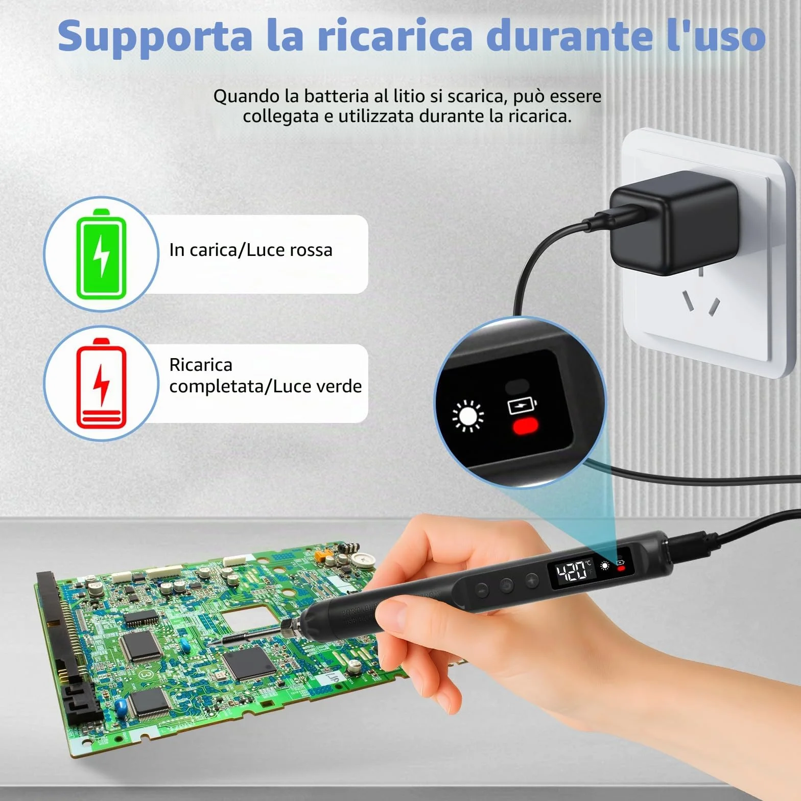 Kit saldatore USB-C senza fili display LCD temperatura regolabile 200°C-450°C 3 punte riparazione elettronica