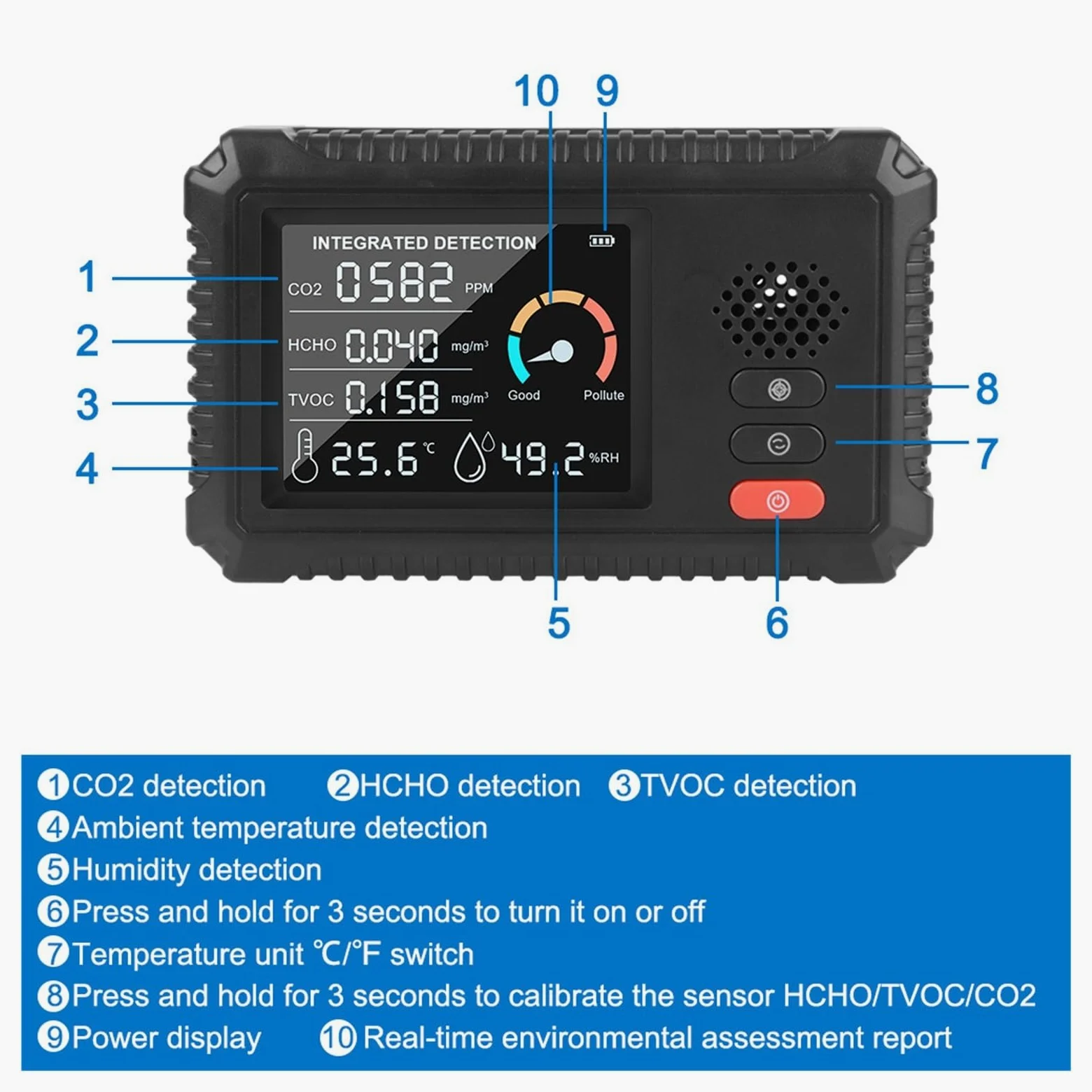 TVOC HCHO Rilevatore di gas CO2 Sensore anidride carbonica Tester dell'aria Monitor della qualità Analizzatore Home Office Outdoor Multifunzionale Per cucina e camper