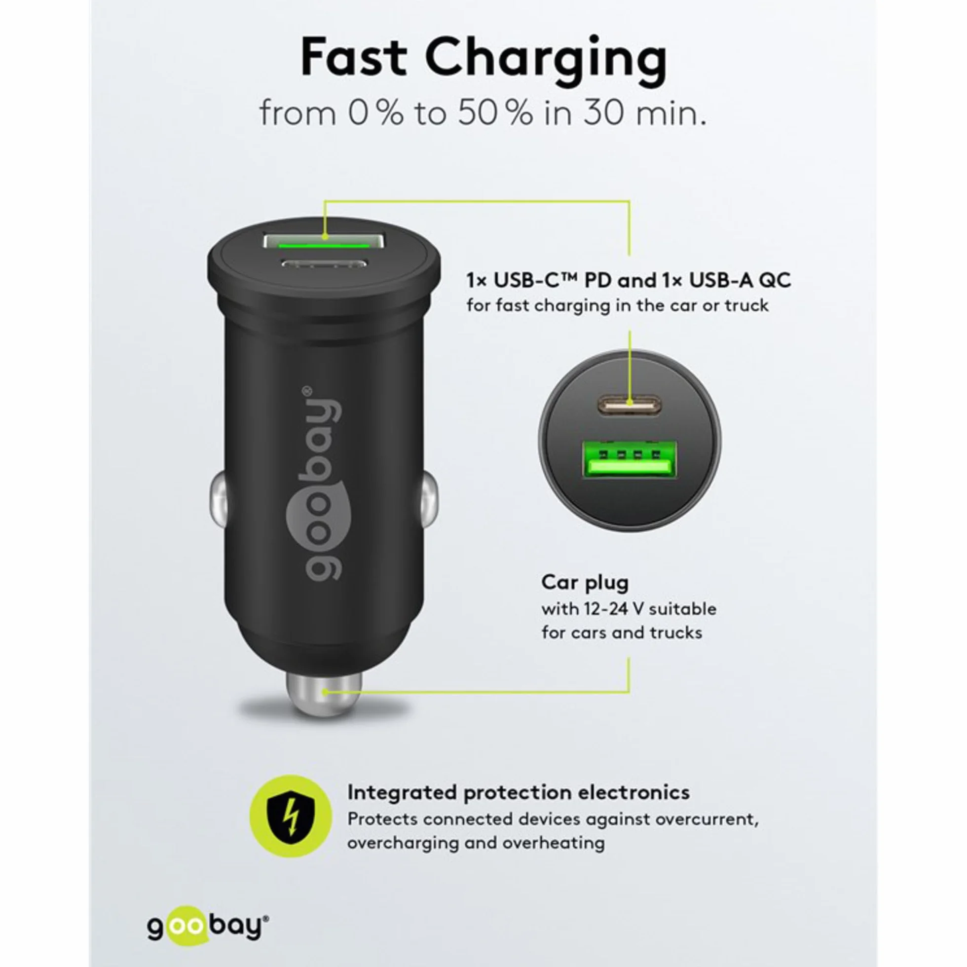 Goobay 61739 - Caricabatteria da auto Dual USB, ricarica rapida, USB 3.0 e USB-C/adattatore accendisigari per auto con erogazione di potenza 45 W a 12-24 V