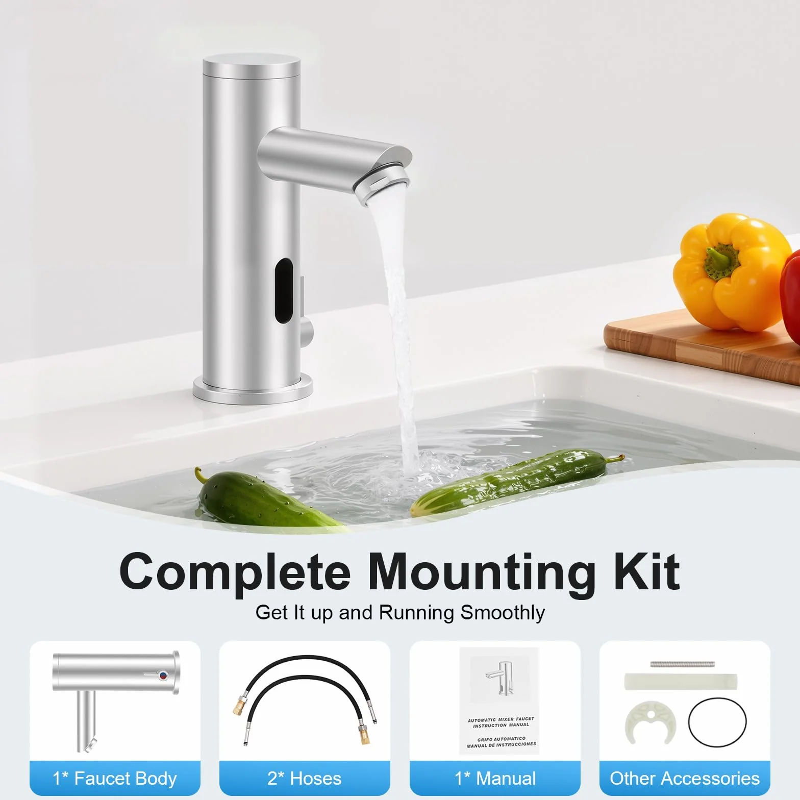 MINRS Rubinetto automatico a infrarossi acqua fredda e calda, sensore lavandino, temperatura regolabile 0-55°C, 2 tubi, batteria