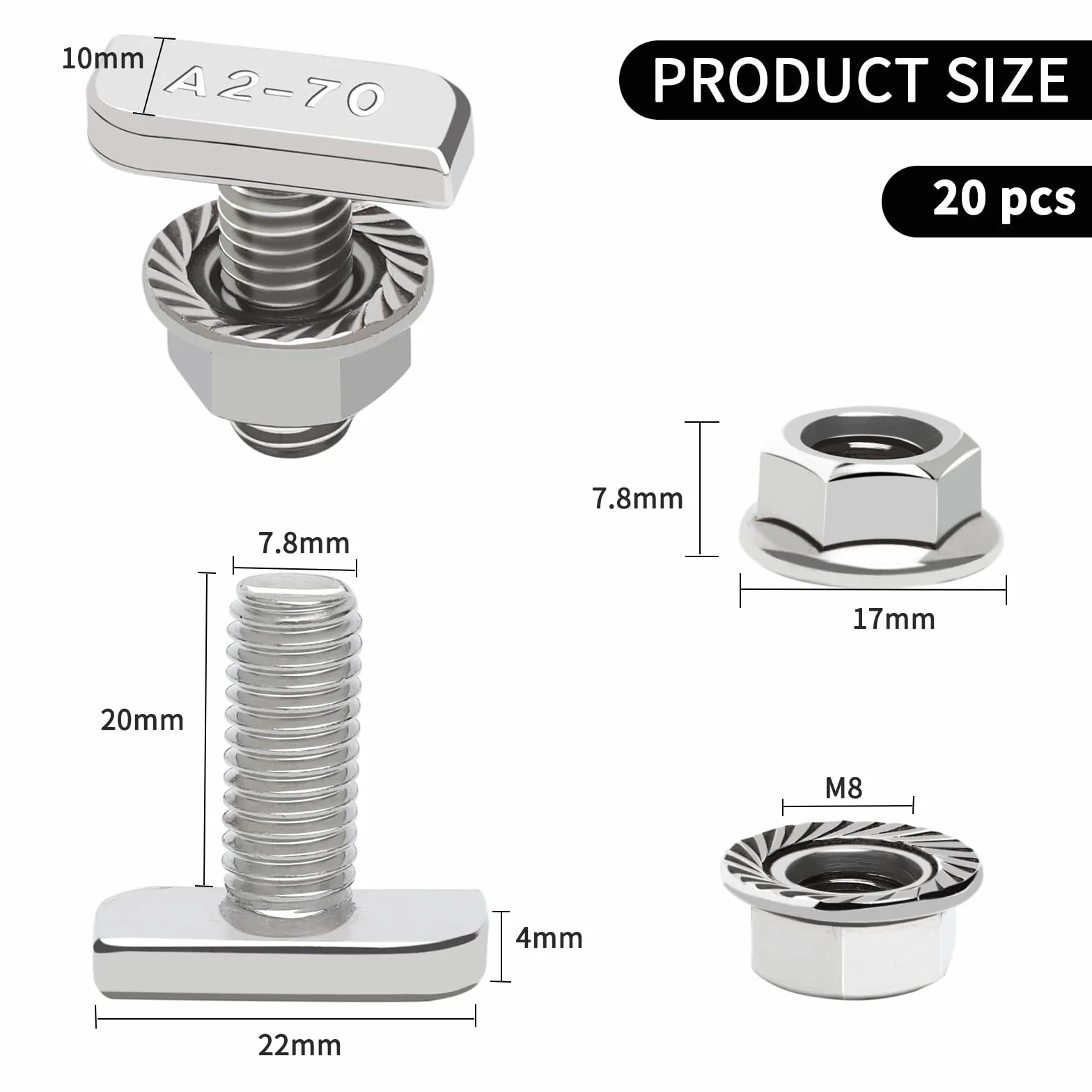 Viti a Testa Martello M8x20 Acciaio Inossidabile con Dadi Dentati M8 Set per Guide di Montaggio