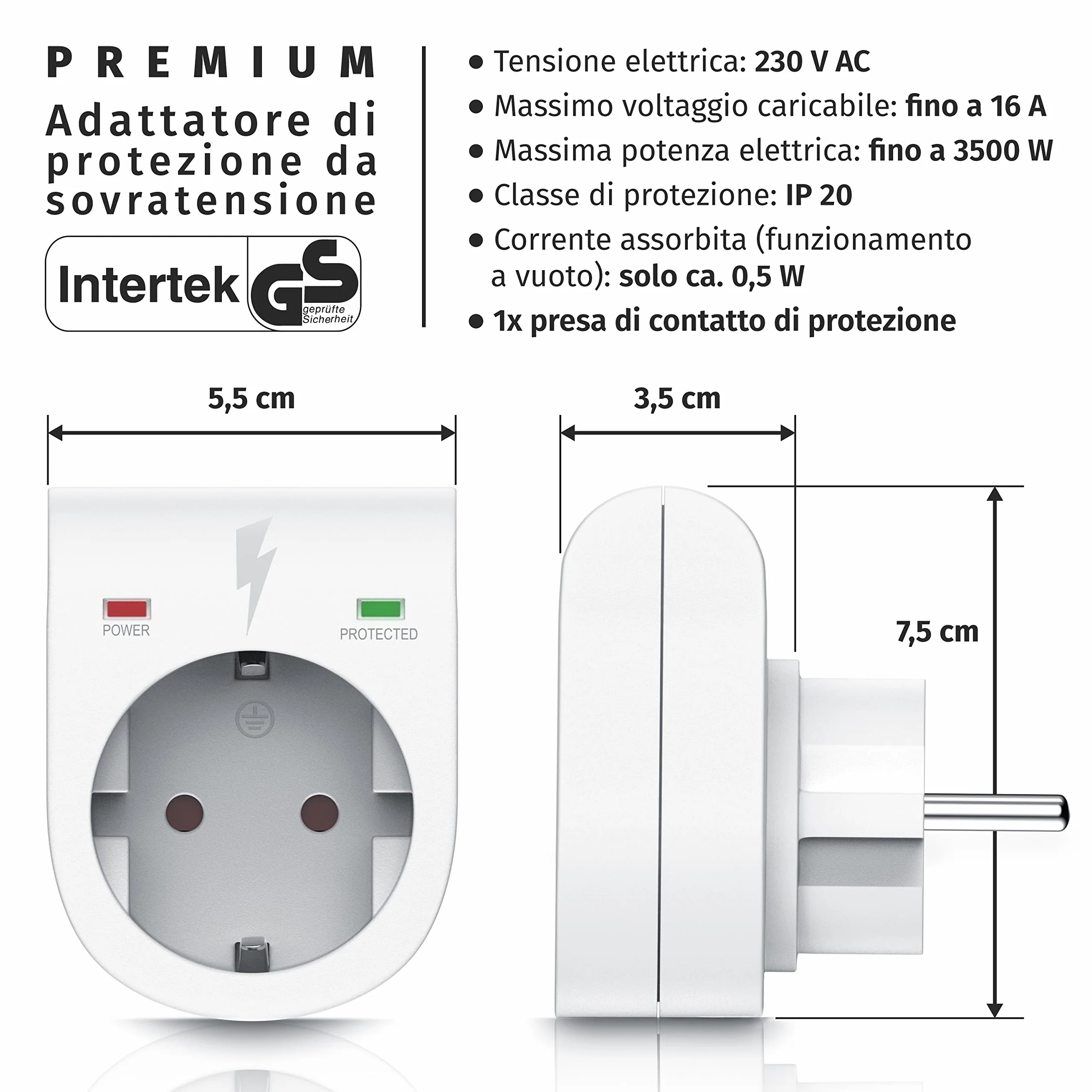 Arendo Presa di protezione anti sbalzi di tensione Antifulmine 3500 W IP 20 Bianco opaco