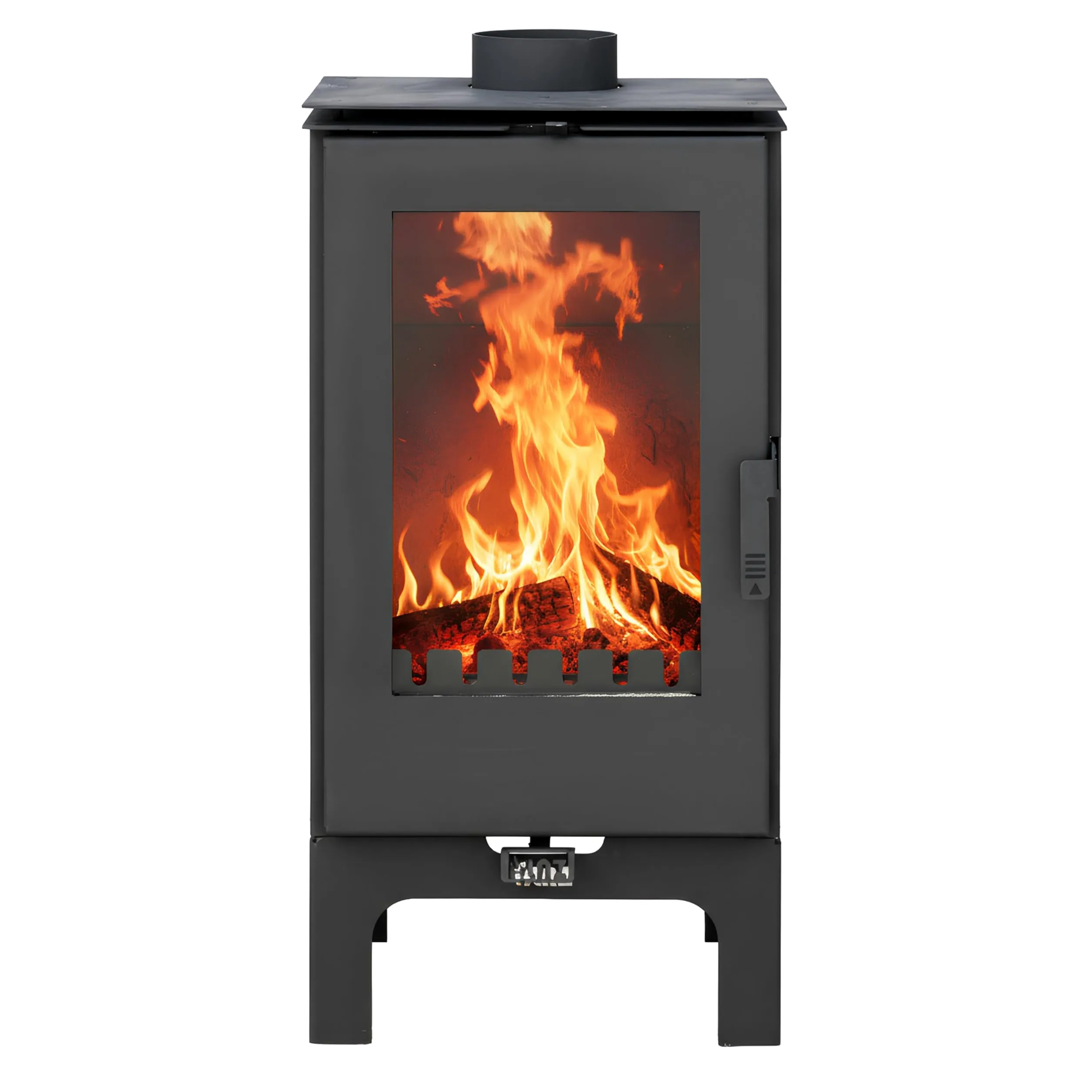 ALAZ K8M-L stufa a legna da 6 kW, colore nero, camera di combustione con refrattario, grande finestra e vano cenere, per tronchi fino a 50 cm, classe di efficienza energetica A