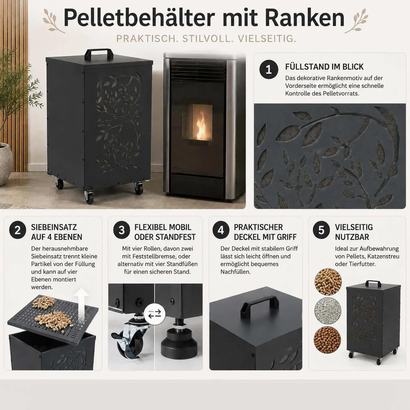 Mendler Contenitore per Pellet HWC-Q30 stoccaggio conservazione Pellet, con setaccio Filtro e rotelle 64x36x36cm - Antracite