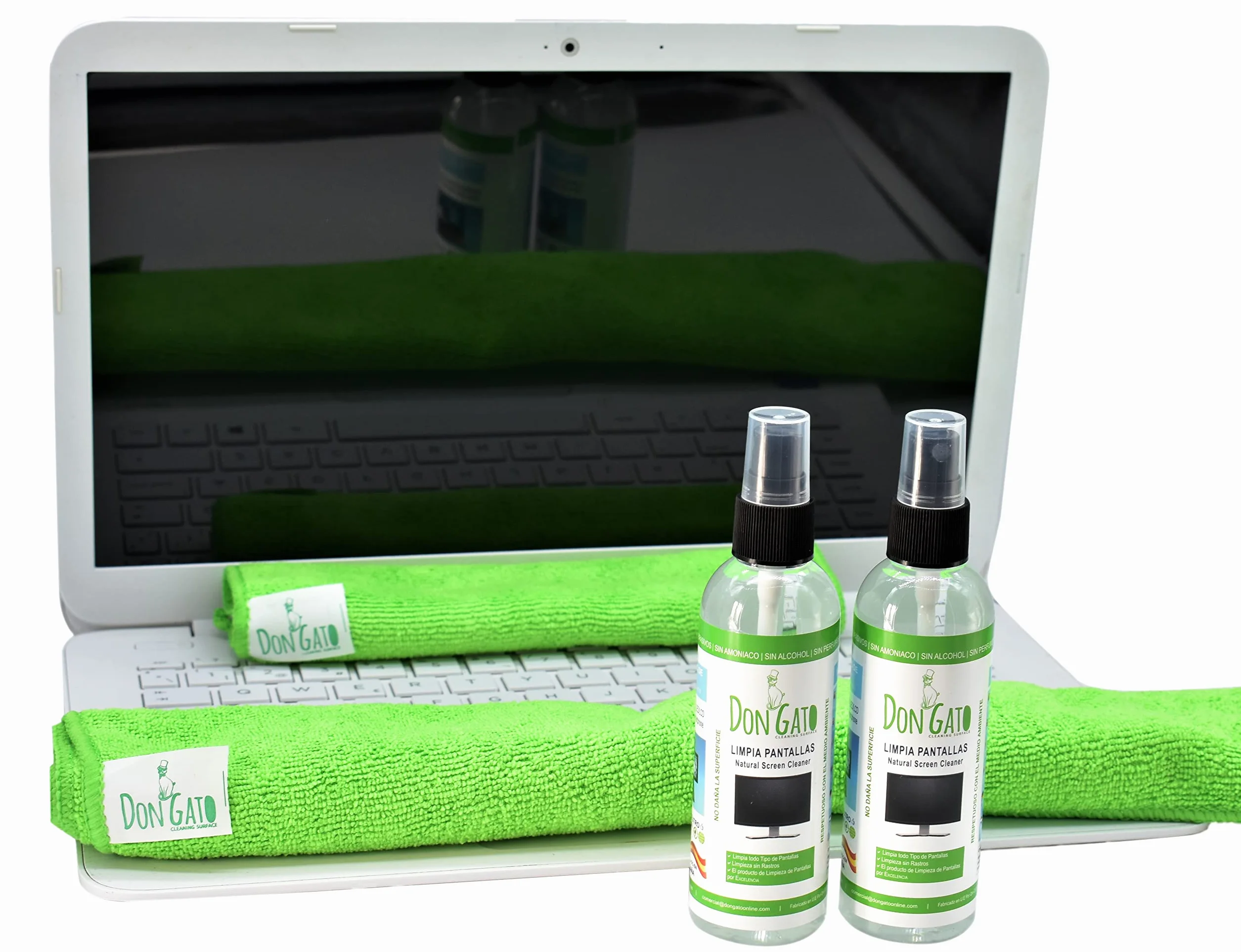 Don Gato – pulizia dello schermo (100ml x 2) + 2 panno in microfibra per TV, Tablet, Computer portatile, LCD, LED, telefono cellulare. Prodotti naturali e rispettoso dell'ambiente.
