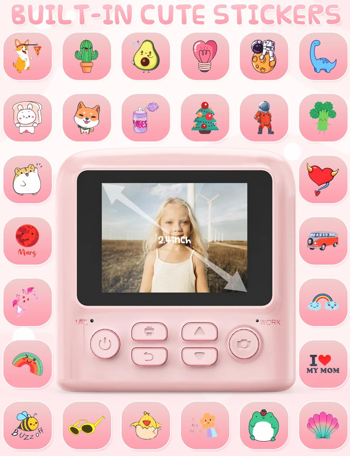 PHNIXGAM Fotocamera istantanea per bambini con 2 flash, fotocamera digitale per bambini 2,4 in HD, regalo per ragazzi e ragazze, tra cui 5 rotoli di carta da stampa e carta da 32 GB (Rosa)