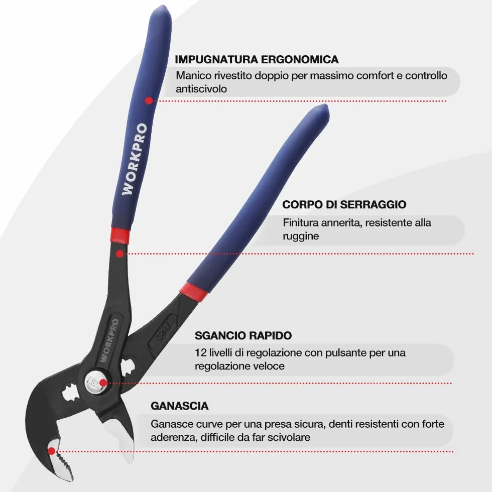 WORKPRO Pinze Regolabili per Tubi e Dadi 250mm, Pinza a Pappagallo a Regolazione Rapida