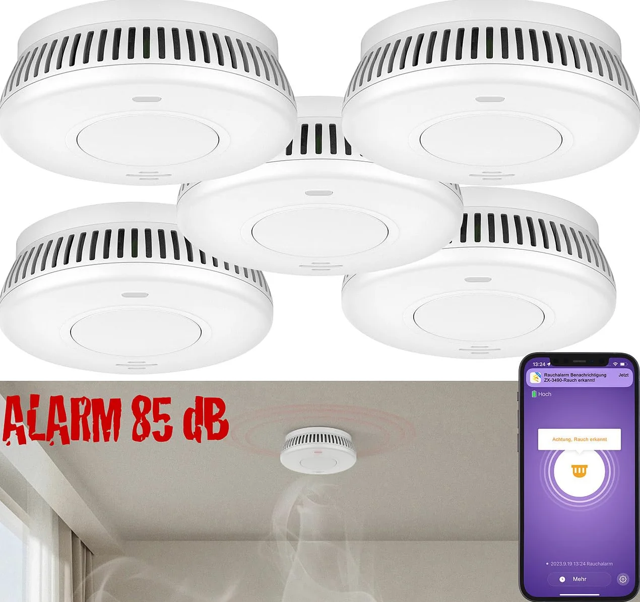 VisorTech rilevatore fumo tuya: set da 5 Rilevatore di fumo WLAN, batteria integrata di 10 anni, 85 dB (set, allarmi antincendio, radio)