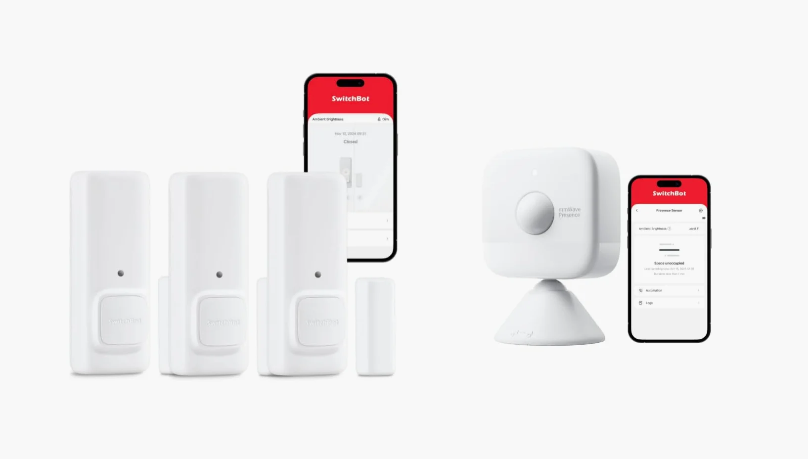 SwitchBot Sensore Contatto Porte/Finestre 3 Pezzi + Sensore di Presenza mmWave Set – Sistema di Sicurezza Completo: Rileva Apertura Porte & Presenza in Stanza, Allarme Automatico, Wireless, Alexa & Go
