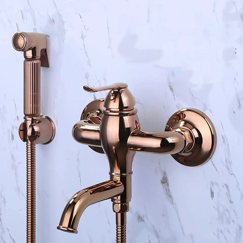 Miscelatore per Bidet e WC da Parete, Kit di spruzzatura, doccetta Manuale Marrone Antico, Set di rubinetti con Maniglia Singola e Doccia - A (A)