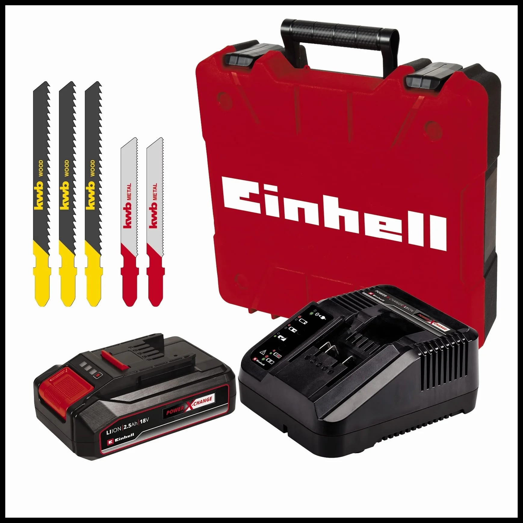 Einhell Seghetto alternativo a batteria TC-JS 18 Li (1x2,5 Ah) Power X-Change (ioni di litio, 18 V, movimento pendolare, attacco di aspirazione, batteria 1x 2,5 Ah, caricabatteria e valigetta)