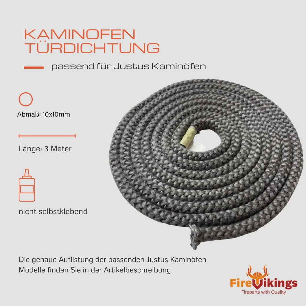 Justus - Guarnizione per porta del camino, 3 m, ø 10 x 10 mm, per modelli Lagos, Reno, R P50-5, Viking, Polarfalò K2