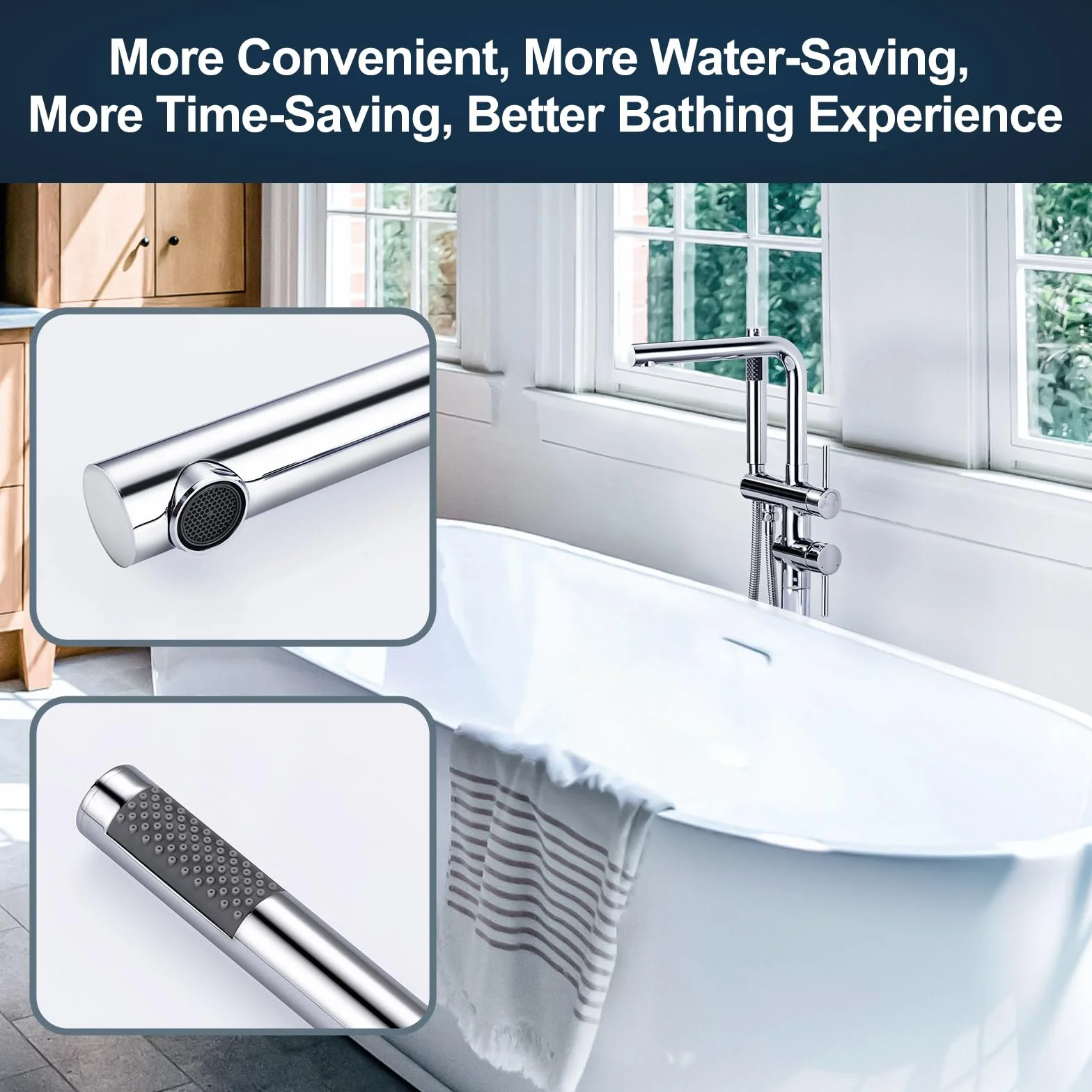 ARCORA Rubinetto Vasca a Pavimento con Doccetta, Miscelatore Vasca a Pavimento, Girevole 360°, Ottone Massiccio e Acciaio Inox, Cartuccia Ceramica, per Vasca Freestanding, Cromato