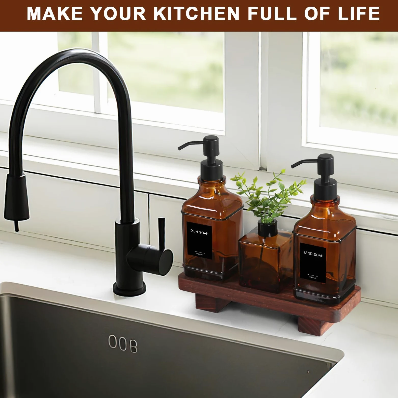 Moderno set di dispenser di sapone da cucina con vassoio in legno, dispenser di sapone in vetro ambrato con pompa, set di dispenser di sapone decorativo per mani e piatti, dispenser di sapone e
