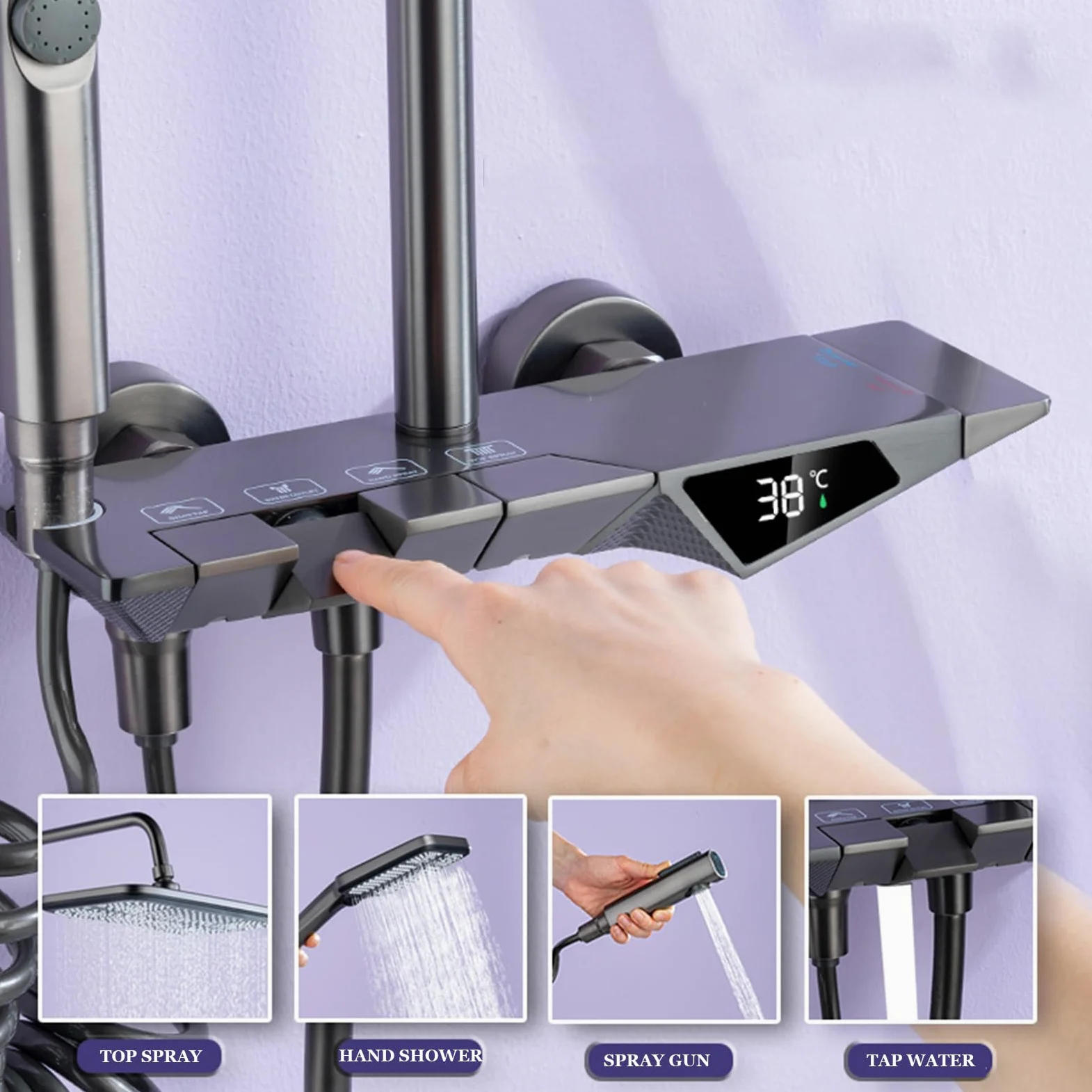 Set di rubinetti con Display Digitale per Sistema Doccia Grigio, Montaggio a Parete con beccuccio per Vasca, soffione a Pioggia, doccetta, Bidet