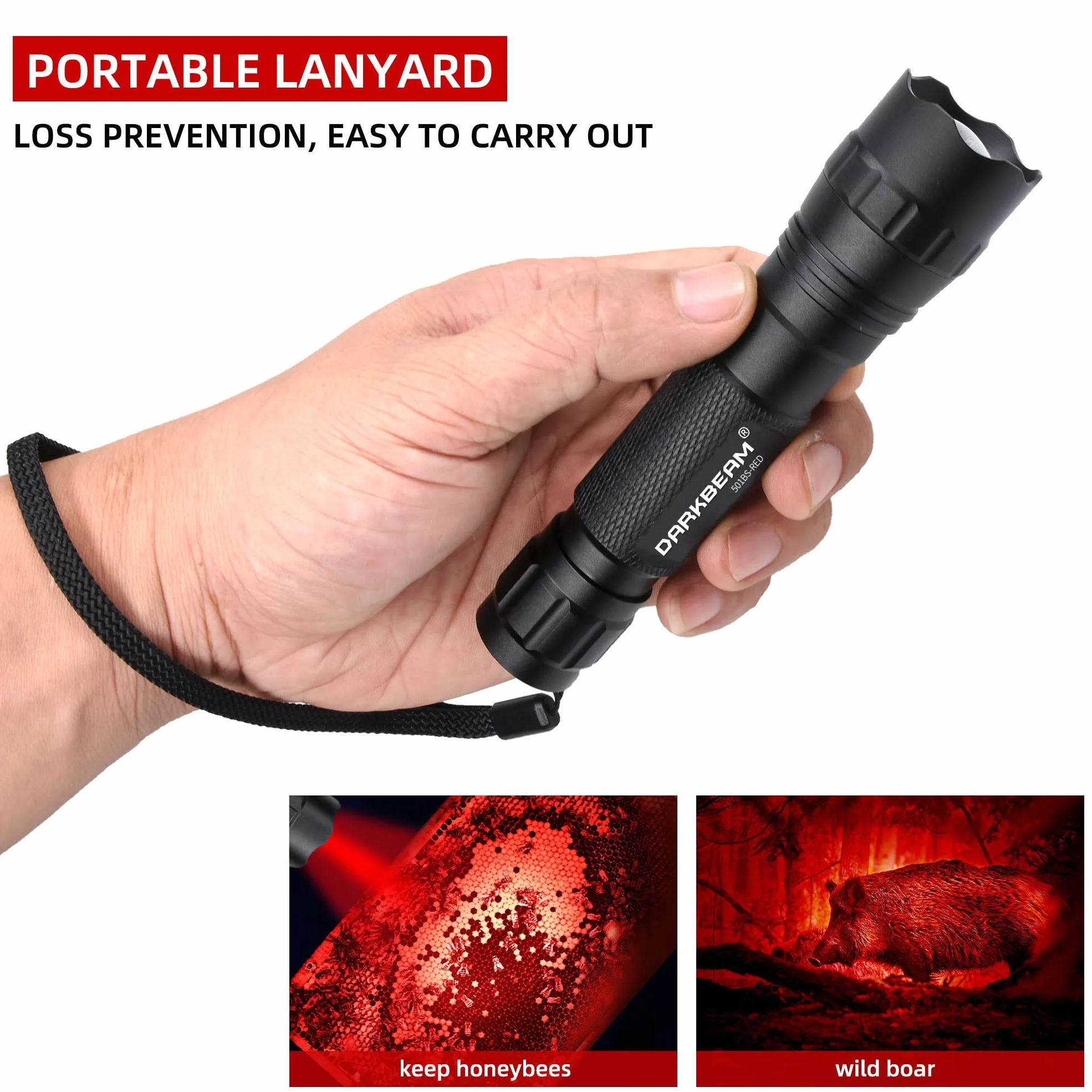 DARKBEAM Torcia a luce rossa luminoso LED USB ricaricabile, Torce rossa portatile zoom per caccia notturna, osservazione, pesca, astrofotografia, osservazione delle stelle, soccorso, con clip