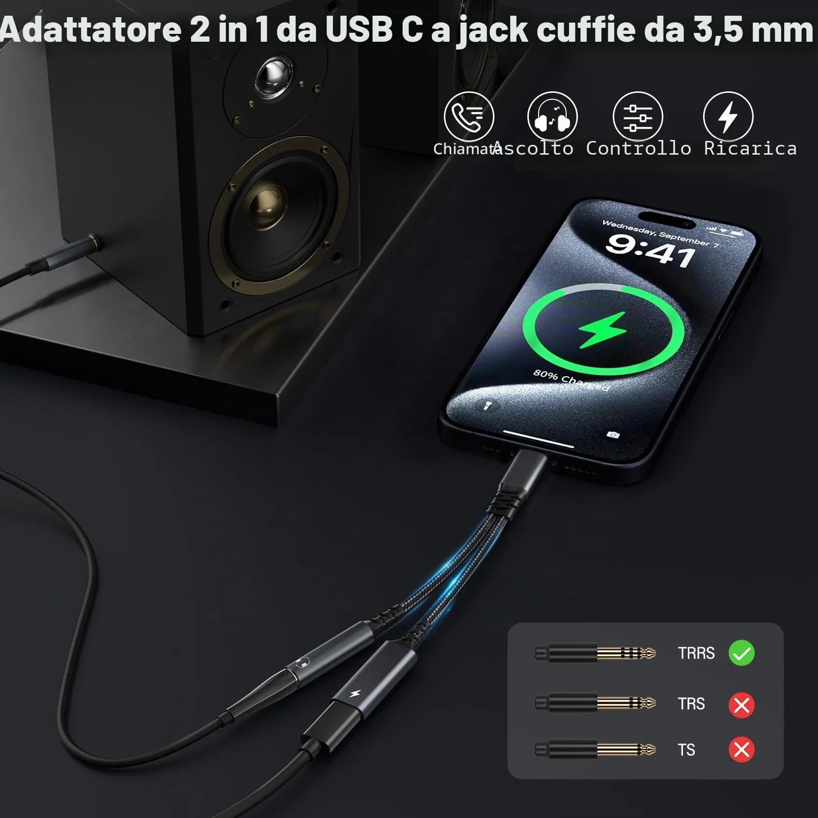 Adattatore e Ricarica per Cuffie USB C, 2 in 1 Jack da 3,5 mm USB C PD 60W Ricarica Rapida per Auricolari Splitter C ompatibile con iPhone 15/Pro/Max, Samsung S24/S23, Hua wei usw