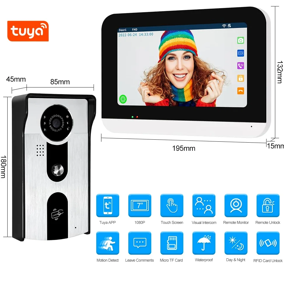 Sistema di Videocitofono Cablato LCD TFT da 7 '' Monitor per Interni WiFi Tuya 1080P Camera Motion Detection Visione Notturna Audio a 2