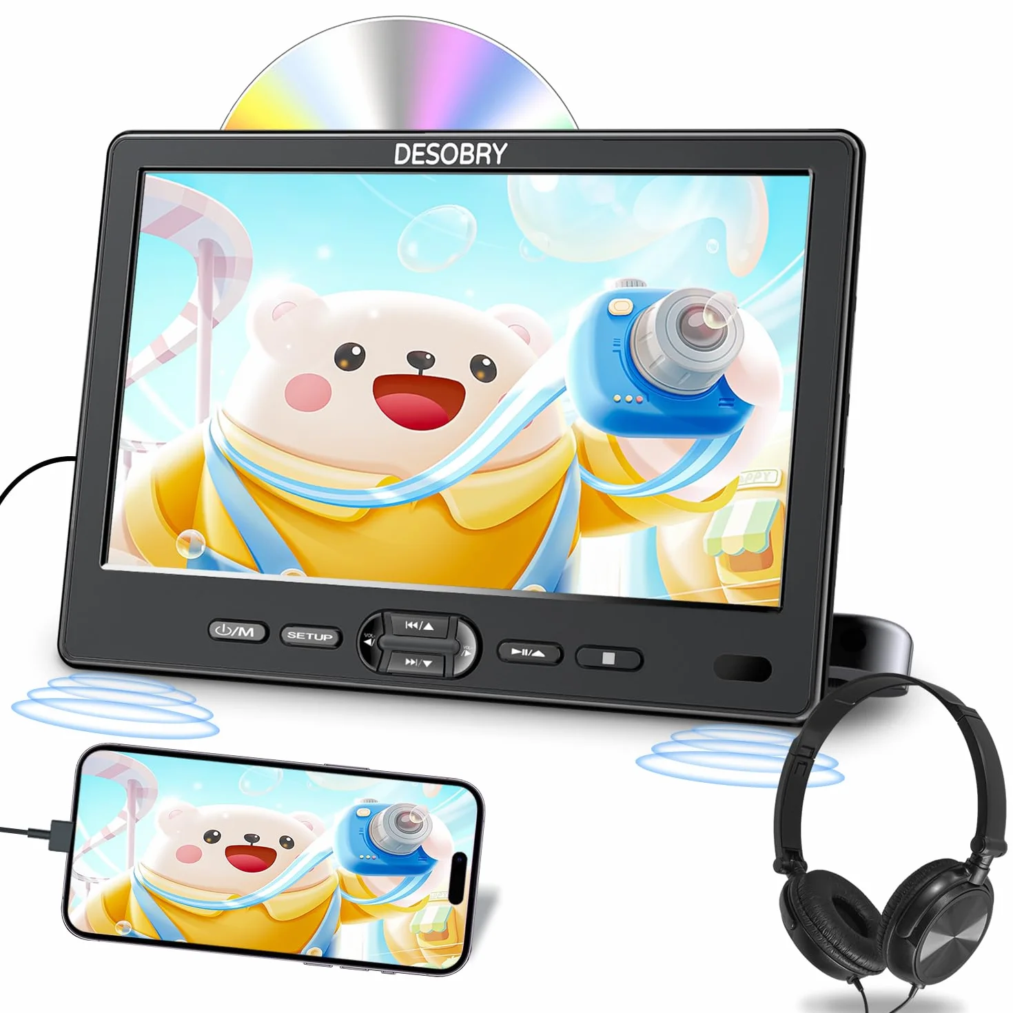 DESOBRY Lettore DVD per auto da 10,5 pollici con supporto per poggiatesta, lettore DVD portatile per auto con cuffie, ingresso disco a ventosa, supporto video 1080P