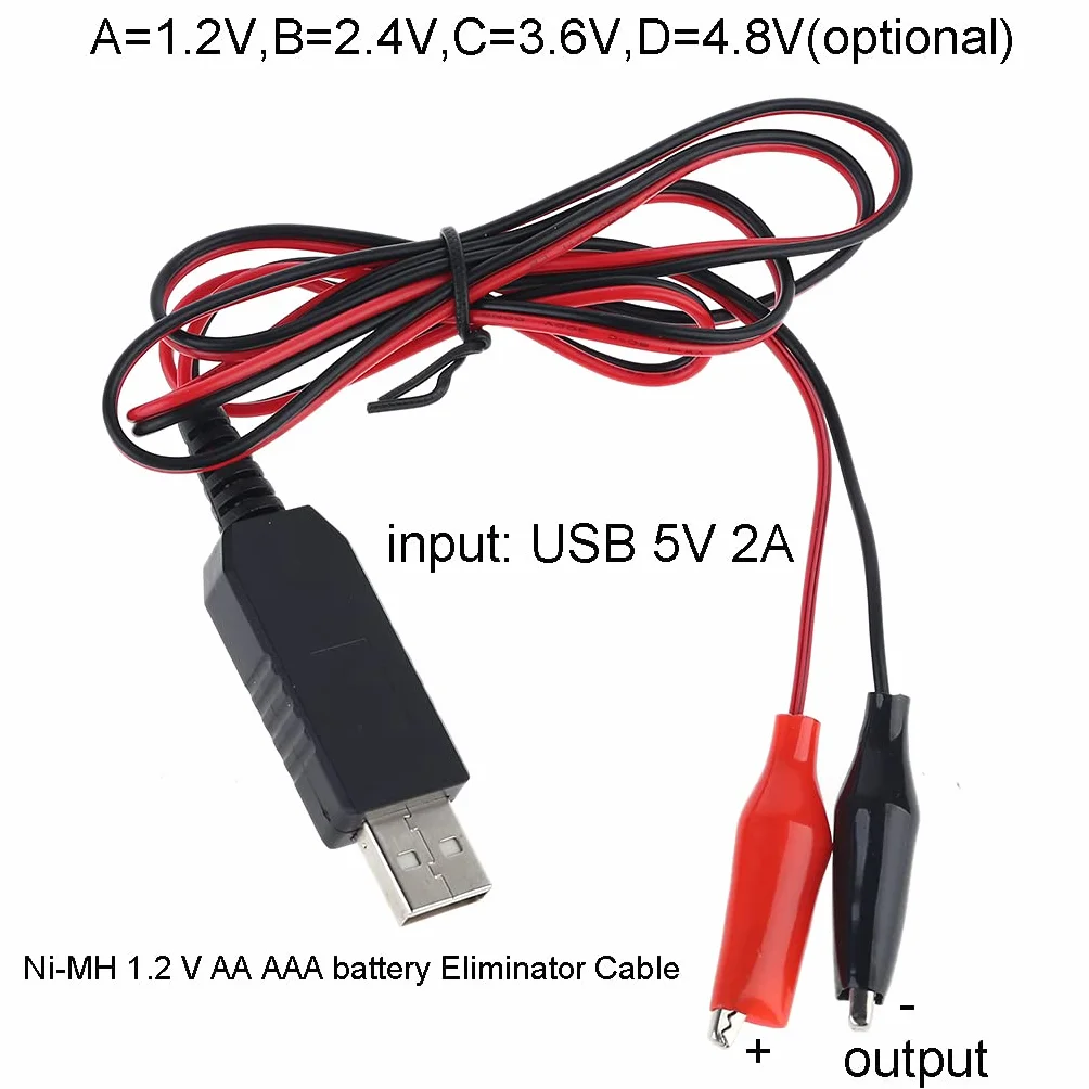 Cavo di alimentazione USB da 5 V a 1,2 V, 2,4 V, 3,6 V, 4,8 V, sostituisce 1-4 batterie Ni-MH NiCd AA ricaricabili da 1,2 V, in plastica